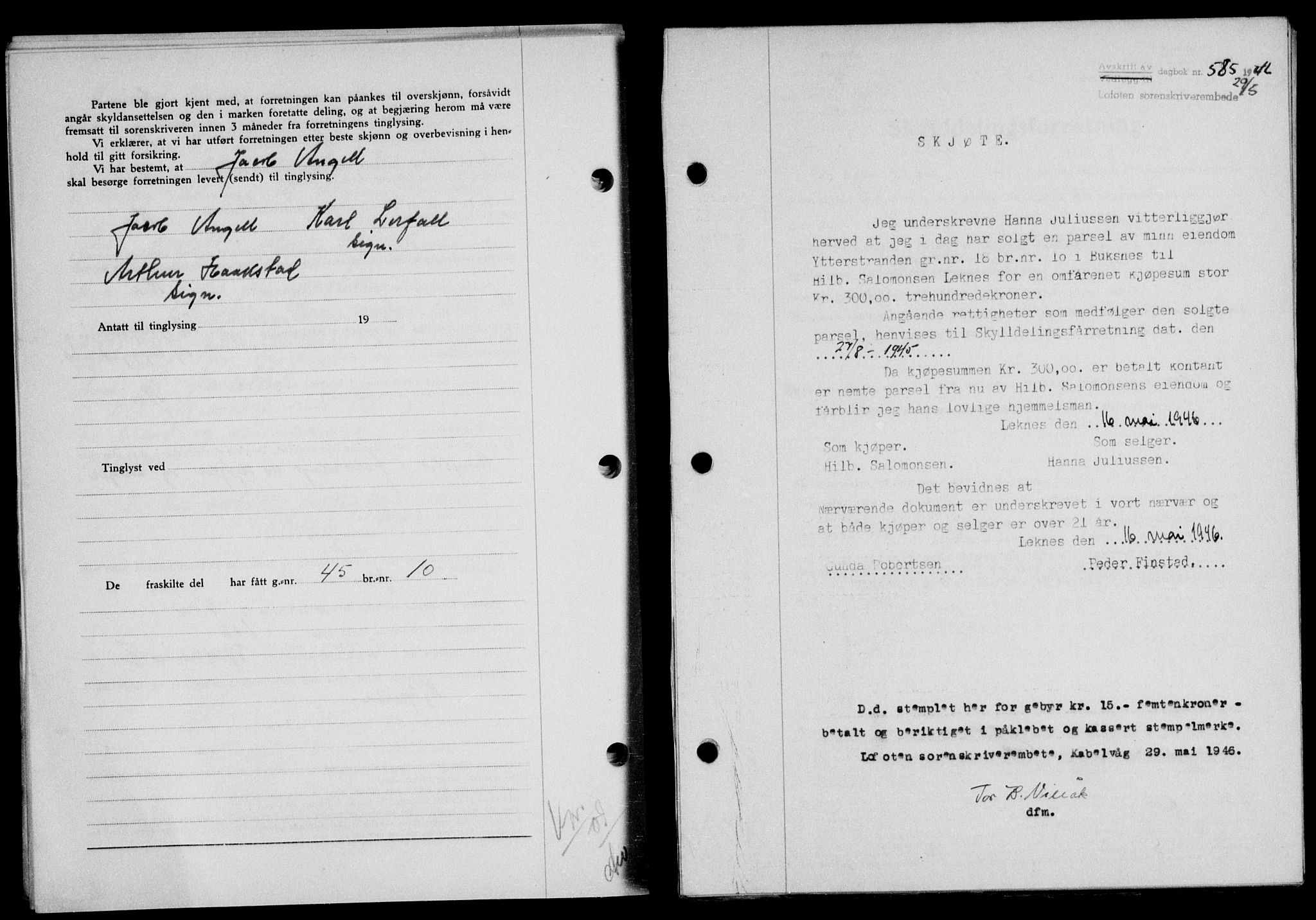 Lofoten sorenskriveri, SAT/A-0017/1/2/2C/L0014a: Mortgage book no. 14a, 1946-1946, Diary no: : 585/1946