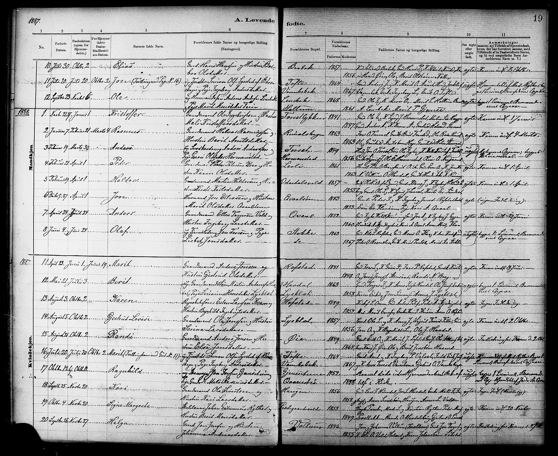 Ministerialprotokoller, klokkerbøker og fødselsregistre - Sør-Trøndelag, SAT/A-1456/691/L1094: Parish register (copy) no. 691C05, 1879-1911, p. 19