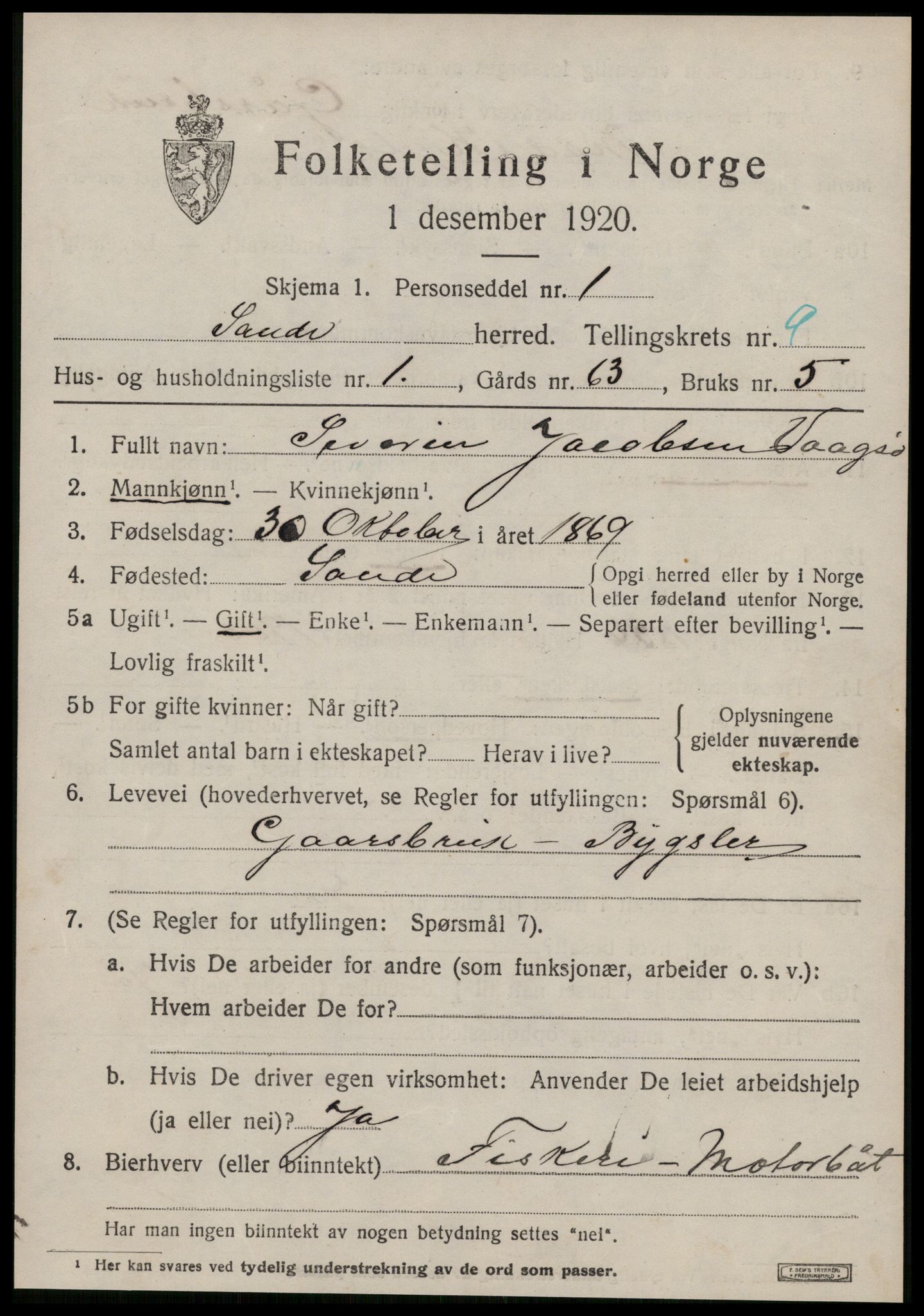 SAT, 1920 census for Sande (MR), 1920, p. 5094