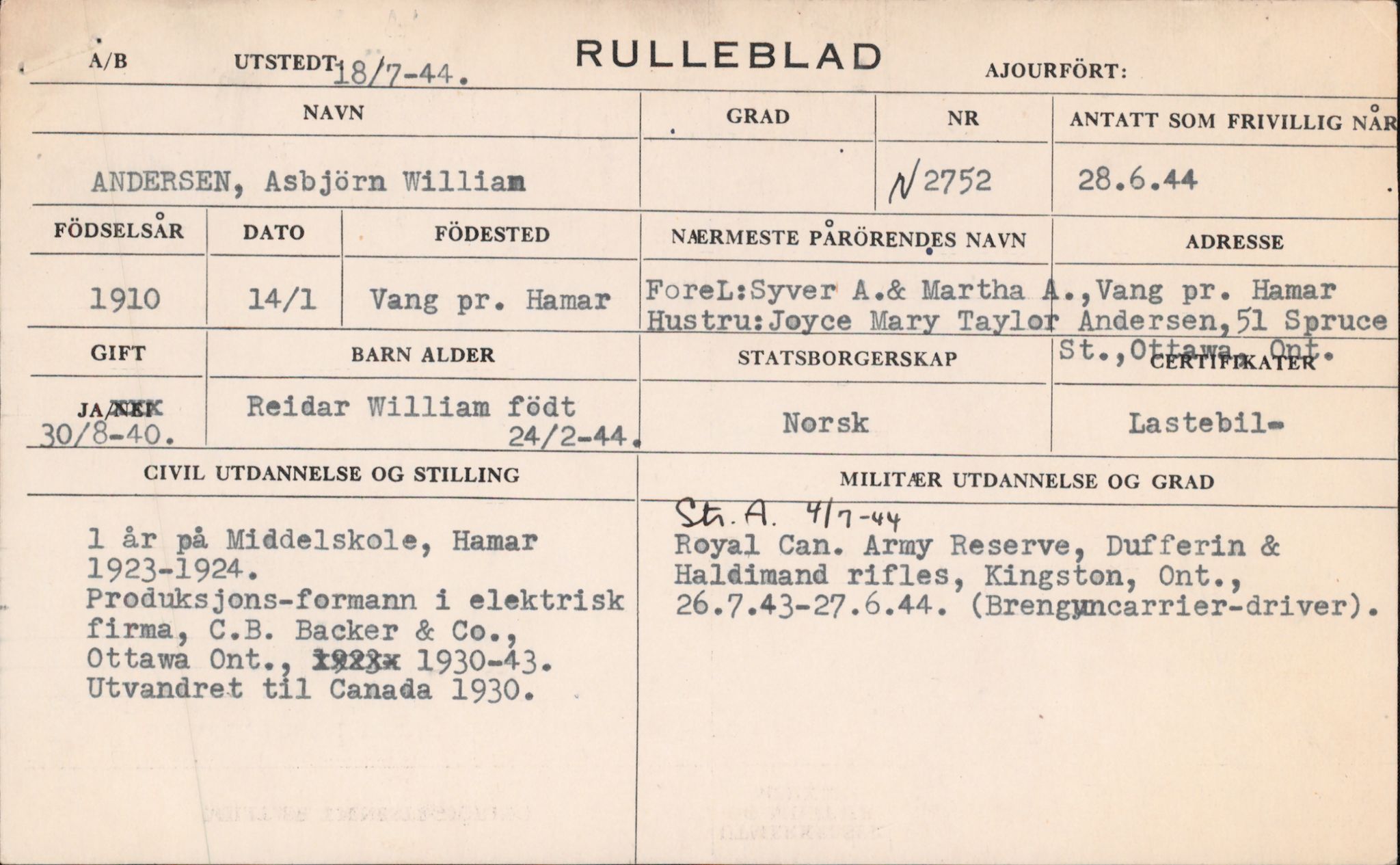 Forsvaret, Forsvarets overkommando/Luftforsvarsstaben, RA/RAFA-4079/P/Pa/L0024: Personellpapirer, 1910, p. 10