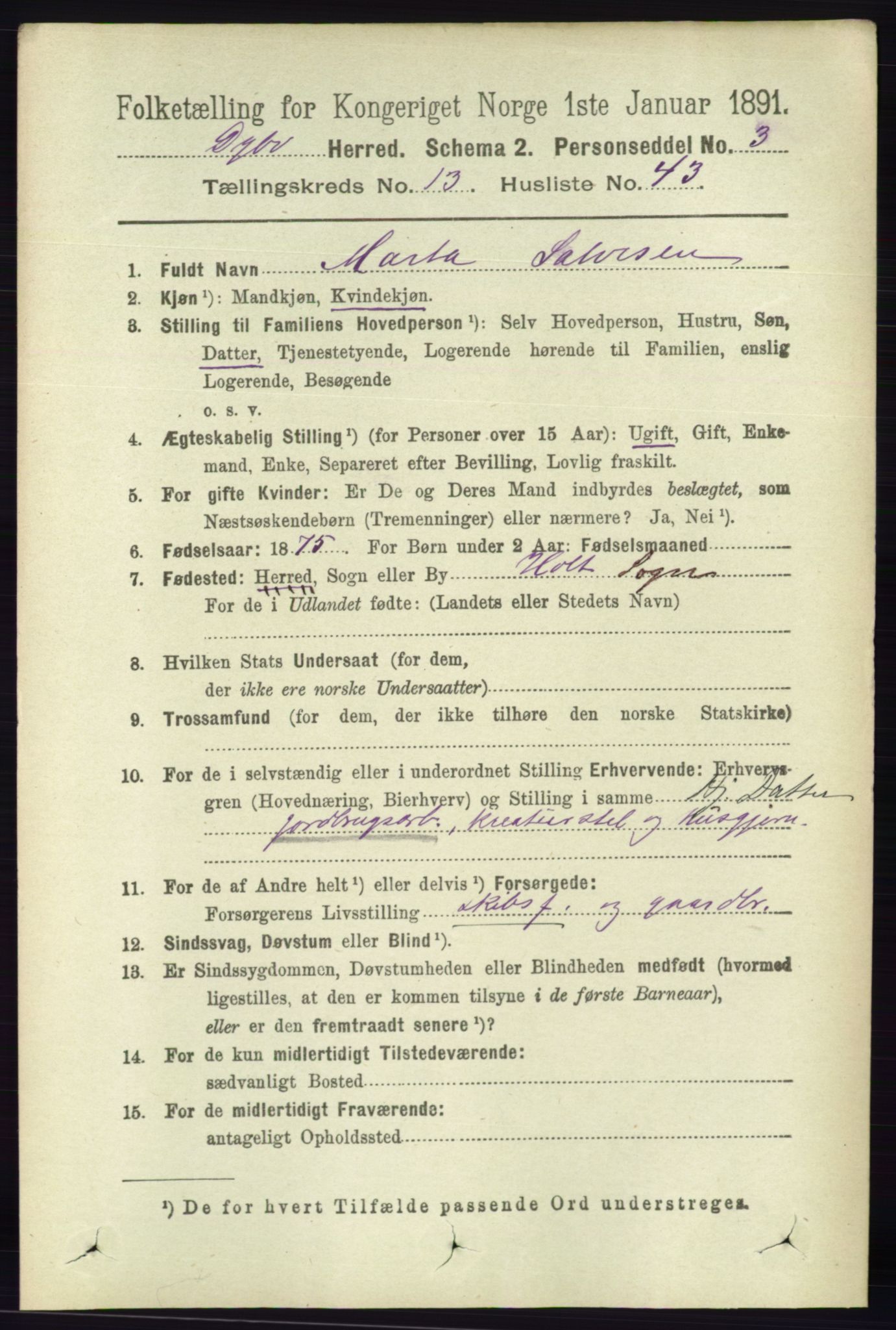 RA, 1891 census for 0915 Dypvåg, 1891, p. 5558