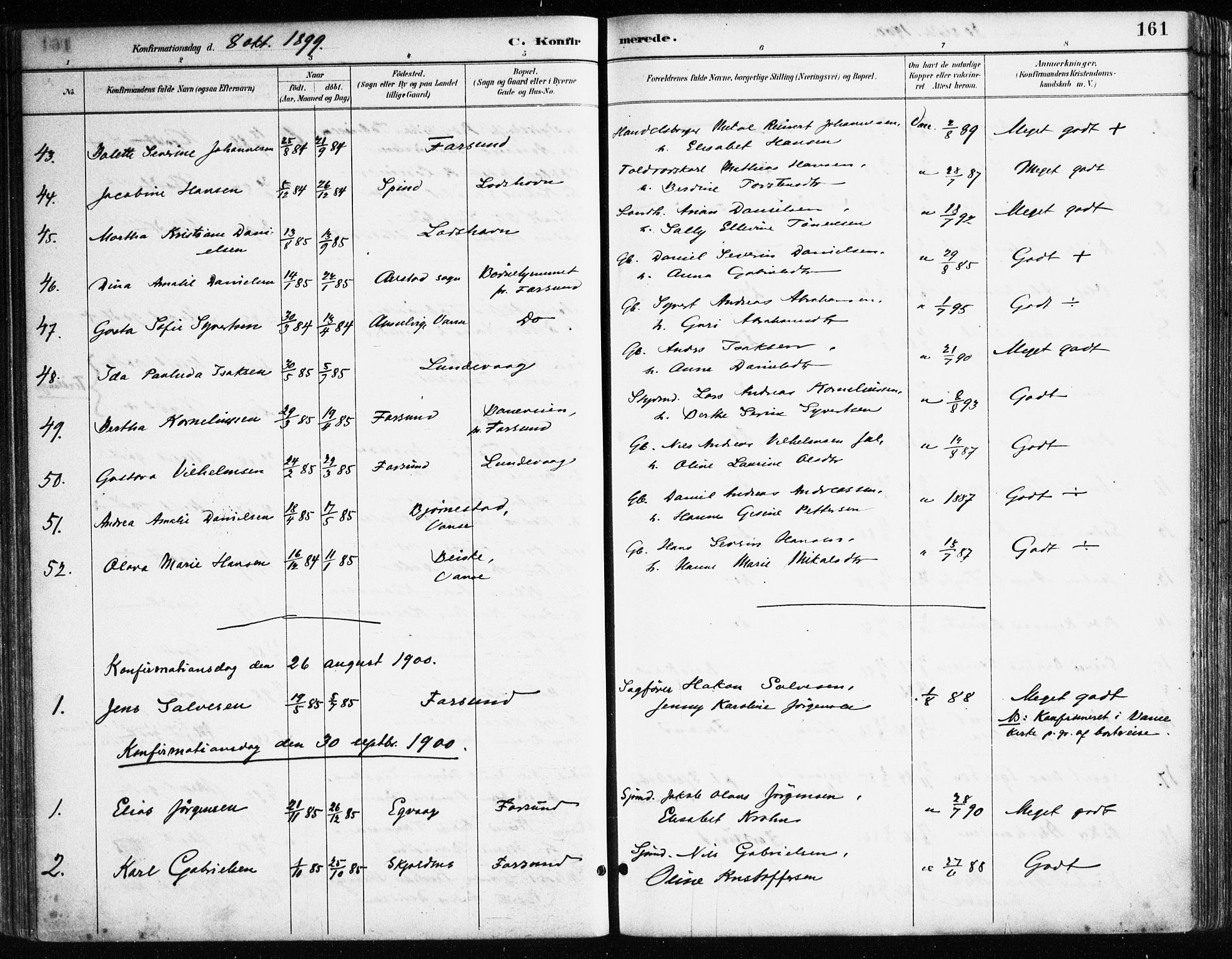 Farsund sokneprestkontor, AV/SAK-1111-0009/F/Fa/L0006: Parish register (official) no. A 6, 1887-1920, p. 161