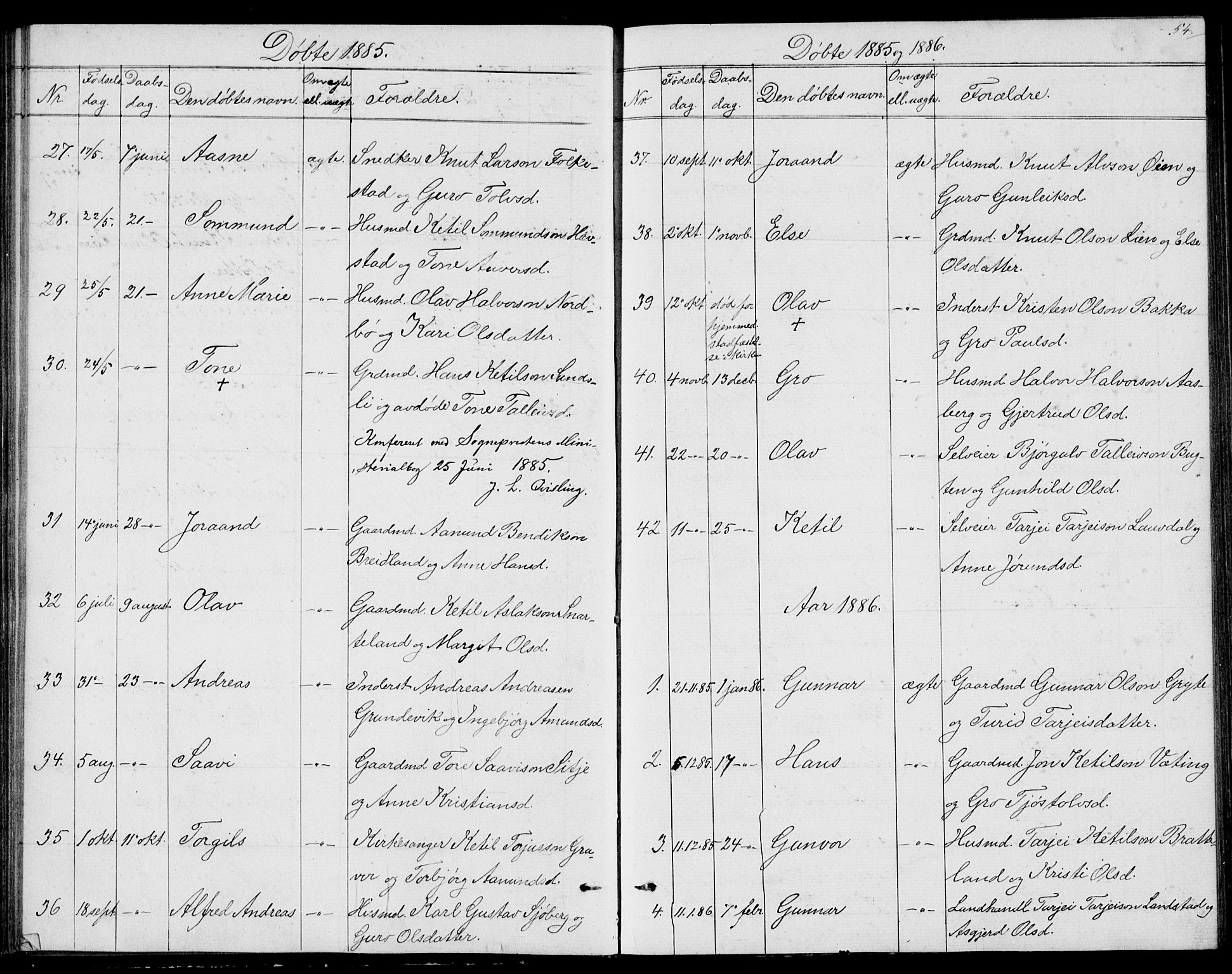 Fyresdal kirkebøker, SAKO/A-263/G/Ga/L0004: Parish register (copy) no. I 4, 1864-1892, p. 54