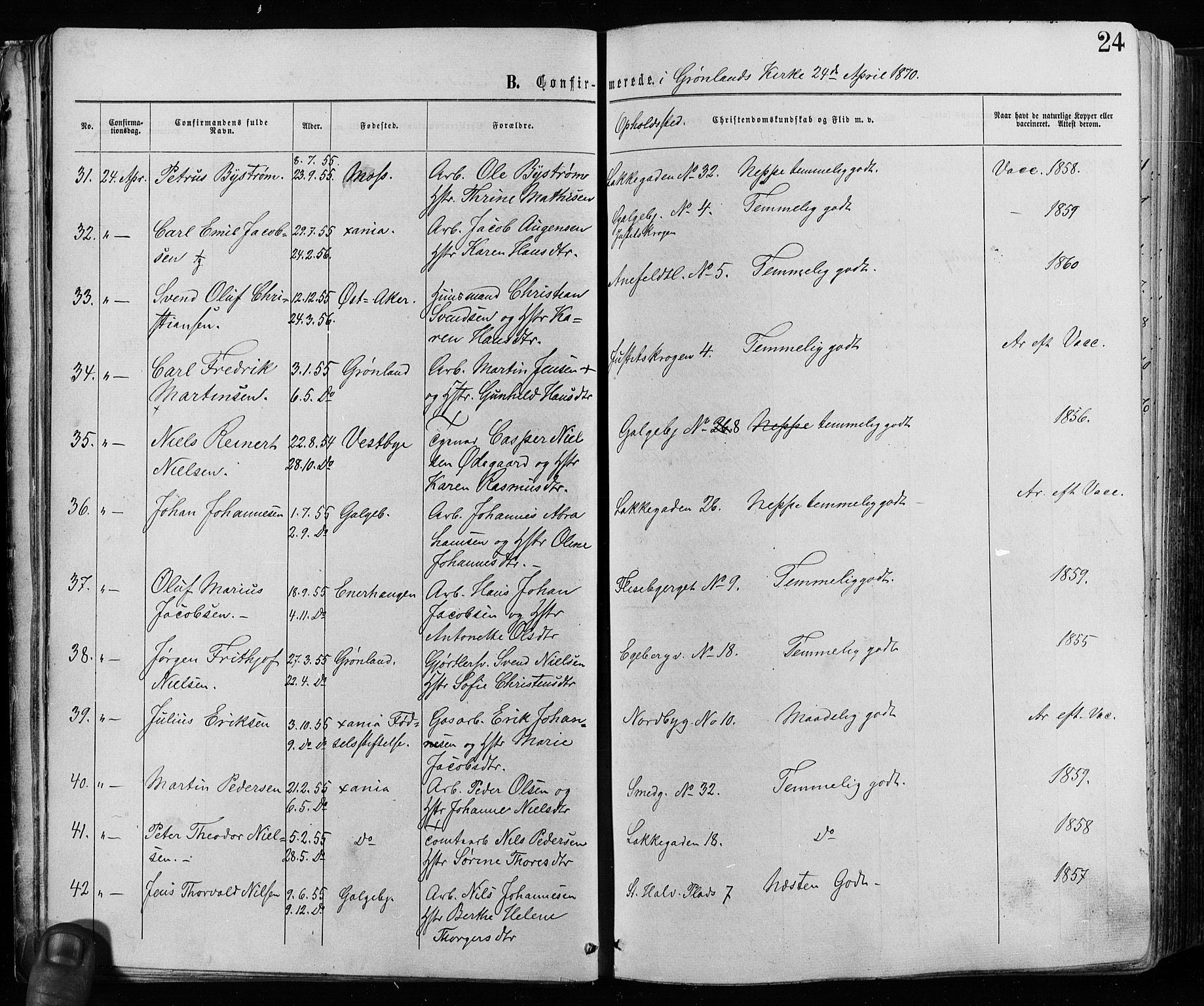 Grønland prestekontor Kirkebøker, AV/SAO-A-10848/F/Fa/L0005: Parish register (official) no. 5, 1869-1880, p. 24