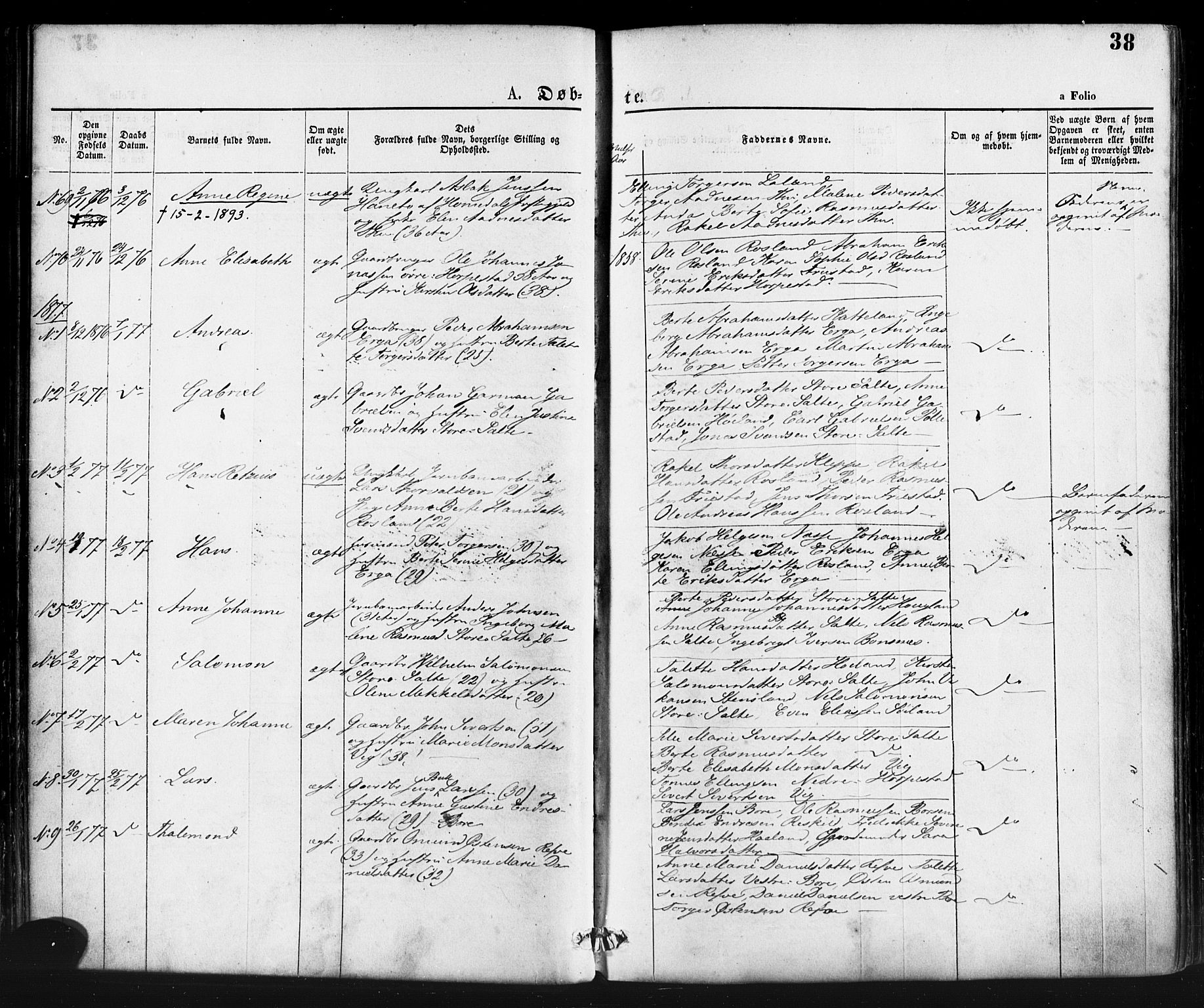 Klepp sokneprestkontor, AV/SAST-A-101803/001/3/30BA/L0006: Parish register (official) no. A 6, 1871-1885, p. 38