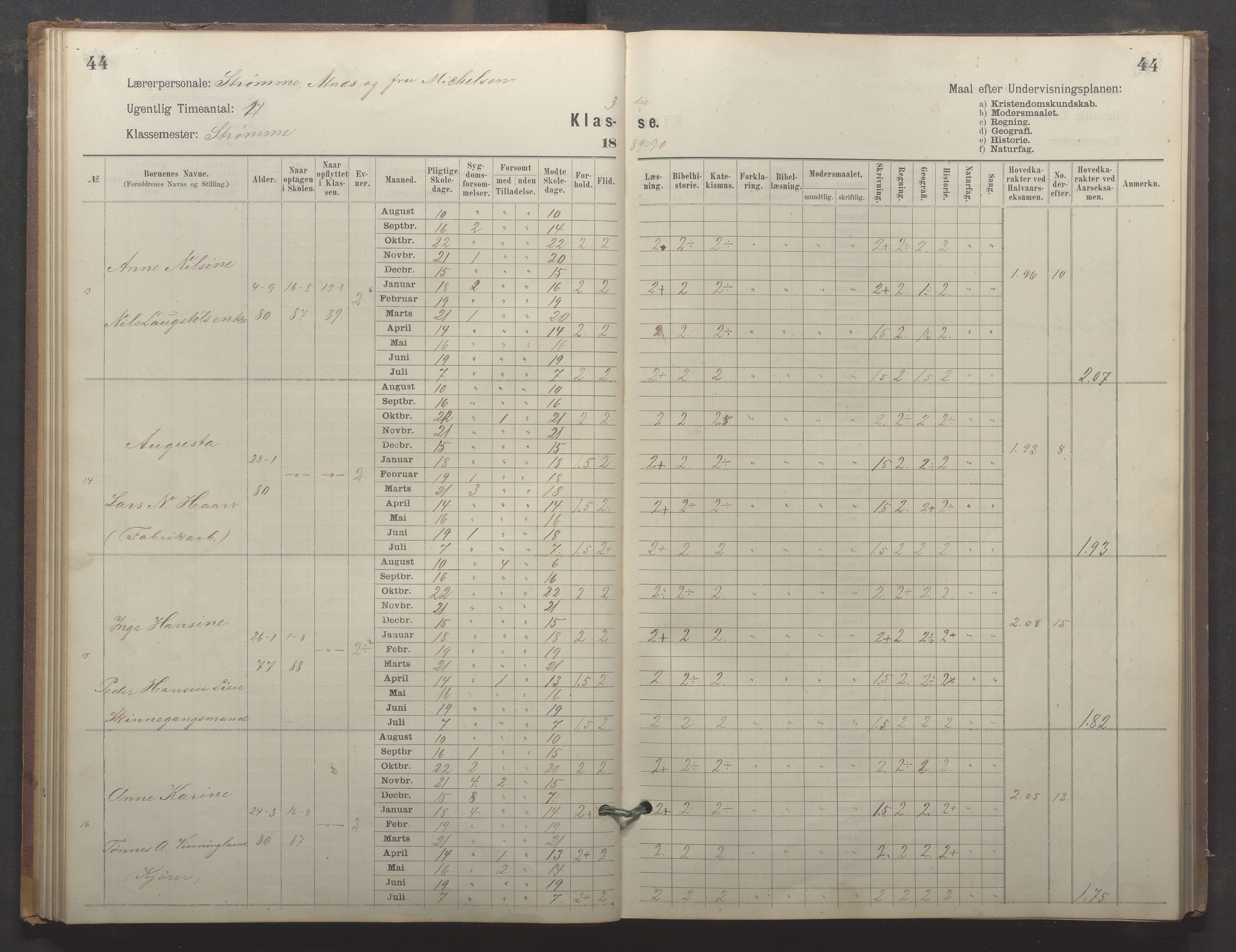 Egersund kommune (Ladested) - Egersund almueskole/folkeskole, IKAR/K-100521/H/L0024: Skoleprotokoll - Almueskolen, 3. klasse, 1887-1892, p. 44