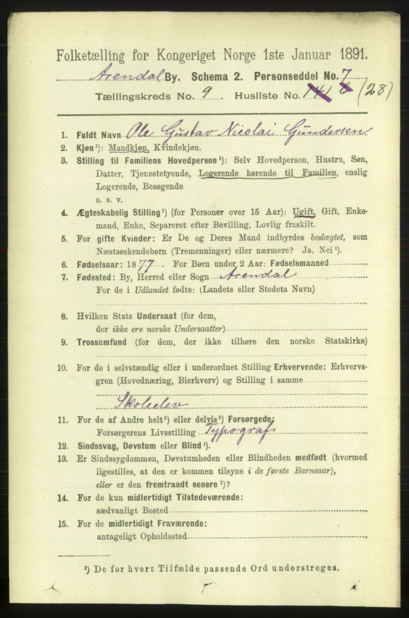 RA, 1891 census for 0903 Arendal, 1891, p. 3516