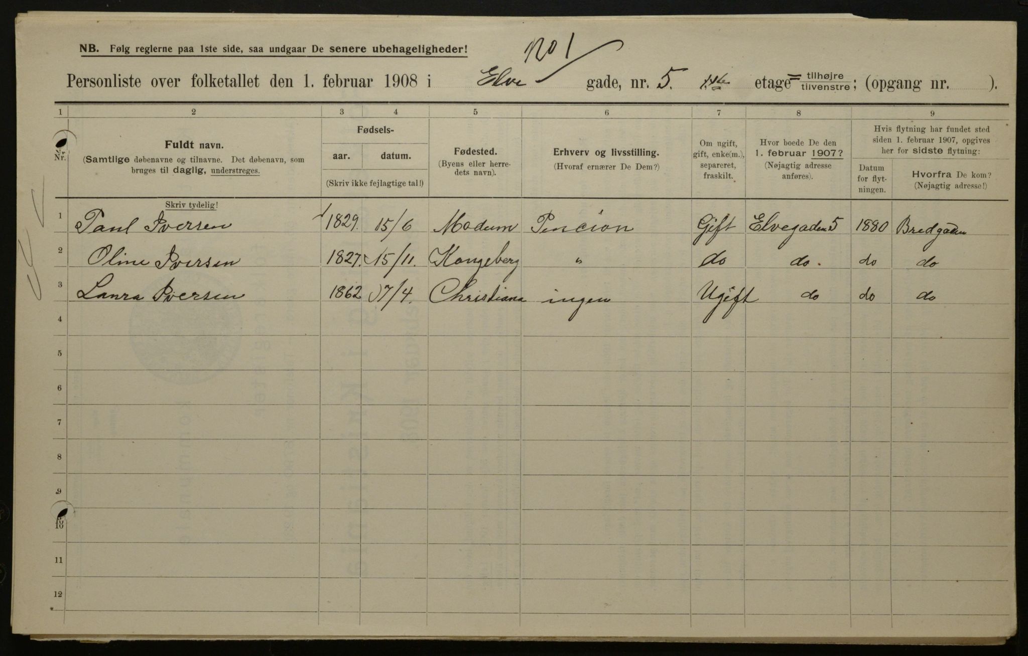 OBA, Municipal Census 1908 for Kristiania, 1908, p. 19035