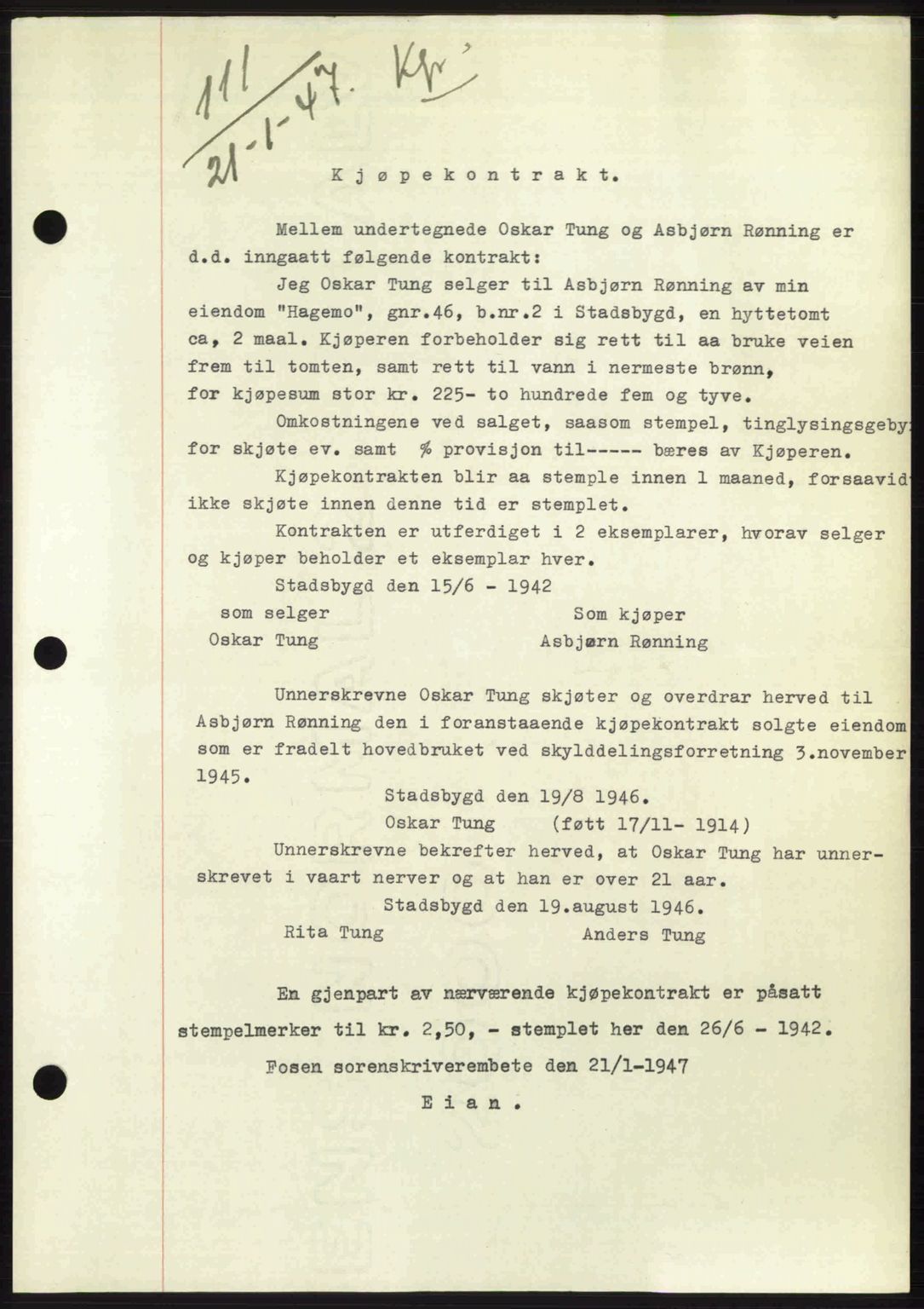 Fosen sorenskriveri, AV/SAT-A-1107/1/2/2C: Mortgage book no. A4-6, 1946-1947, Diary no: : 111/1947