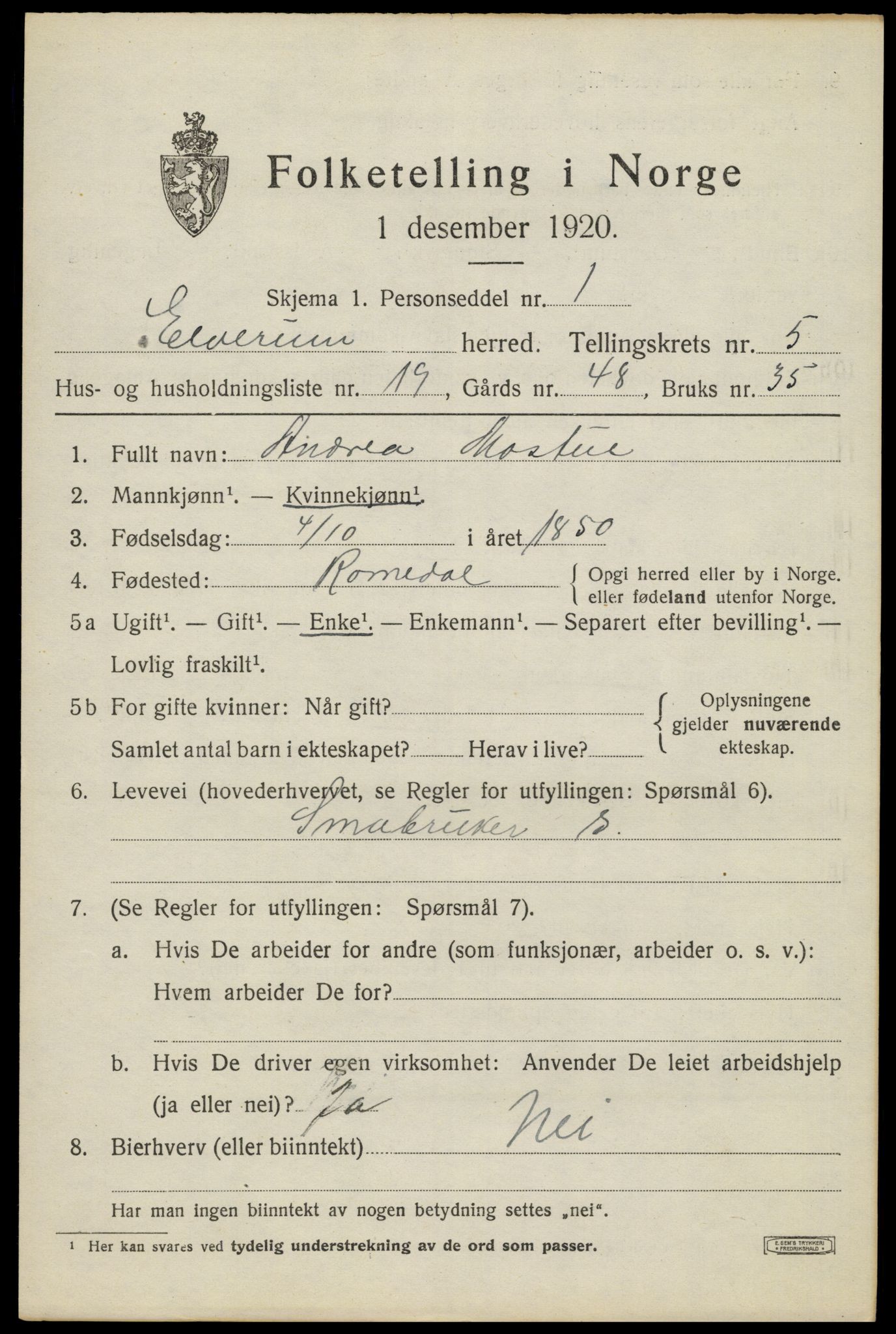 SAH, 1920 census for Elverum, 1920, p. 7710