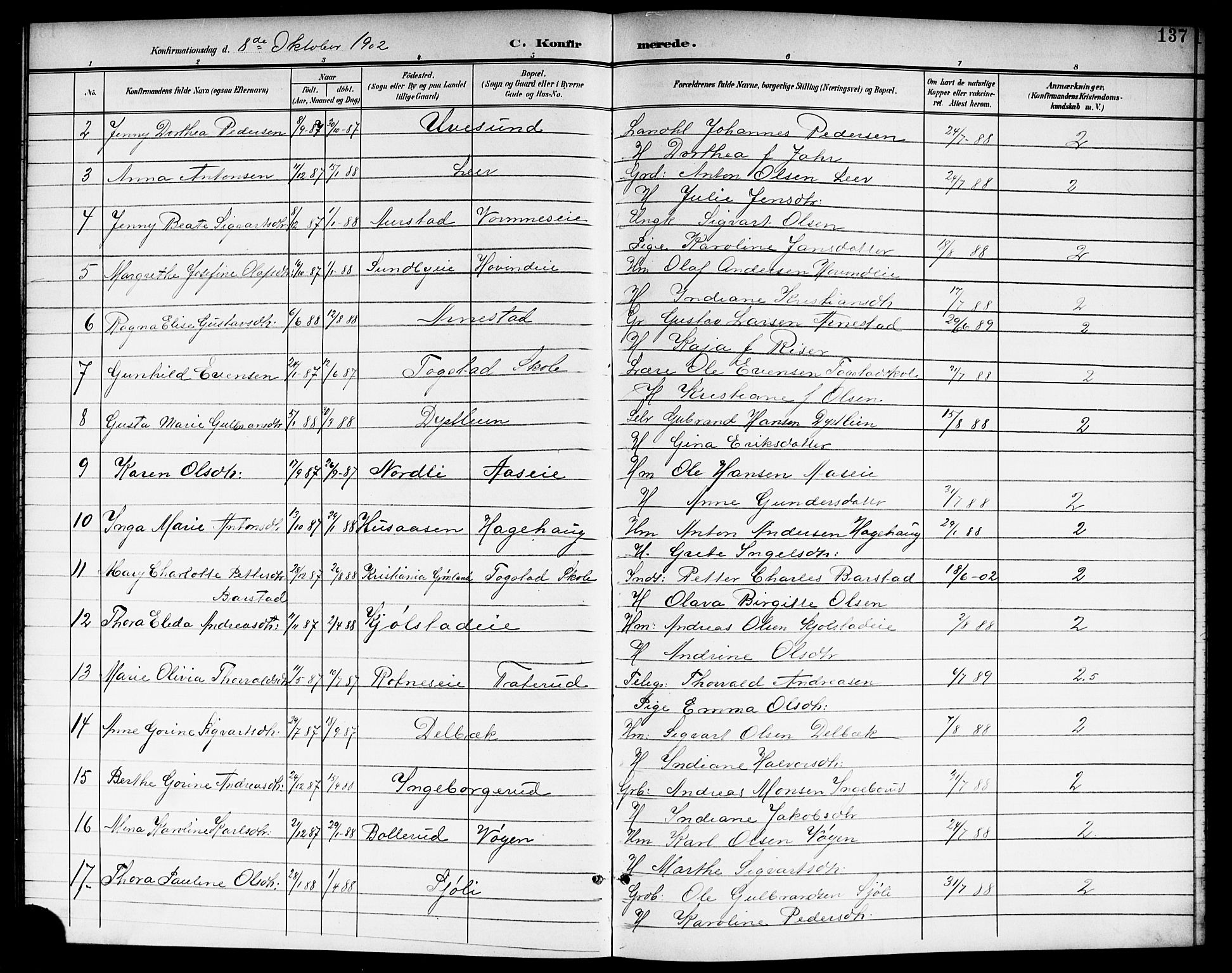 Nes prestekontor Kirkebøker, SAO/A-10410/G/Ga/L0002: Parish register (copy) no. I 2, 1901-1912, p. 137