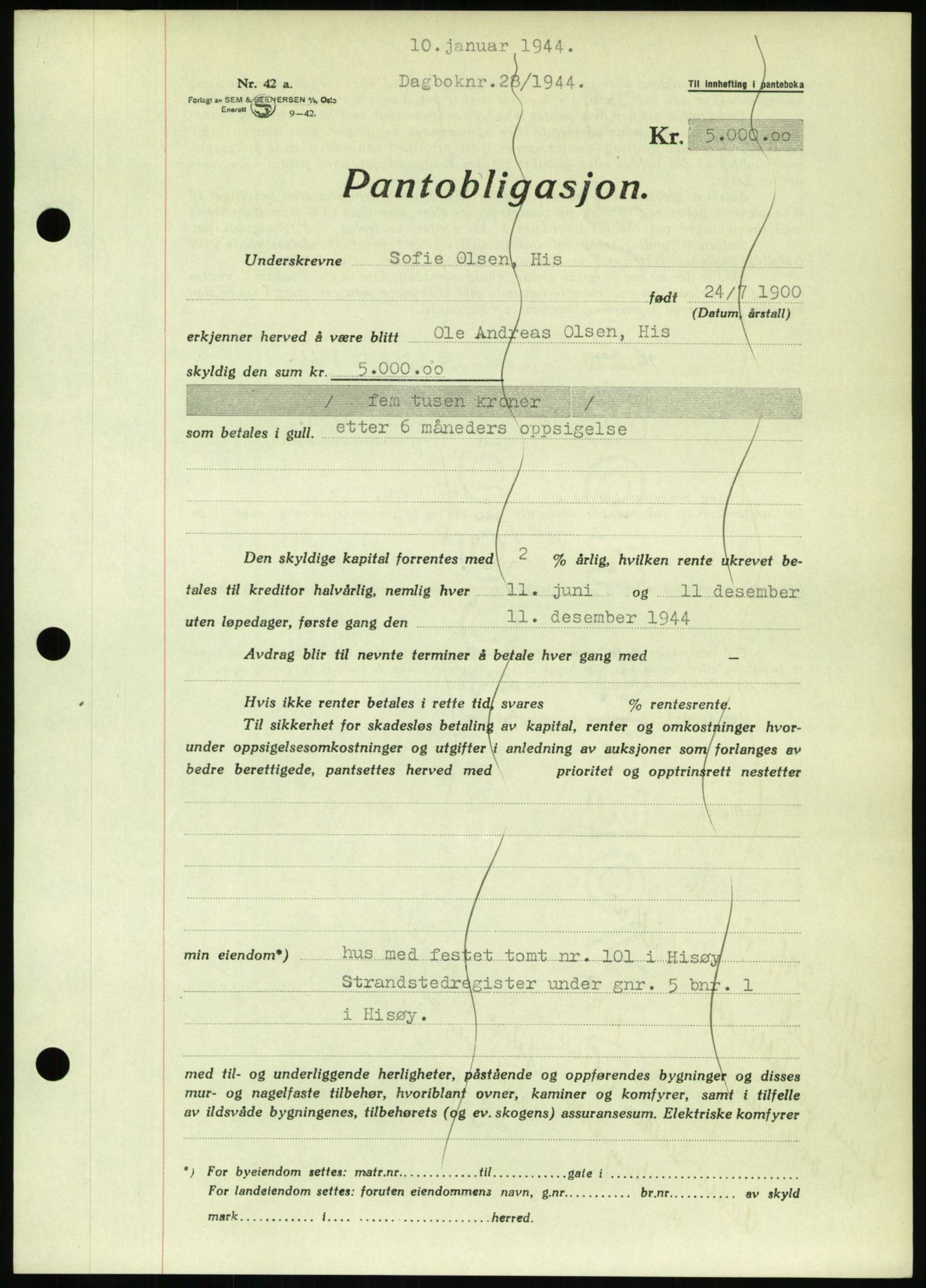 Nedenes sorenskriveri, AV/SAK-1221-0006/G/Gb/Gbb/L0002: Mortgage book no. II, 1942-1945, Diary no: : 28/1944