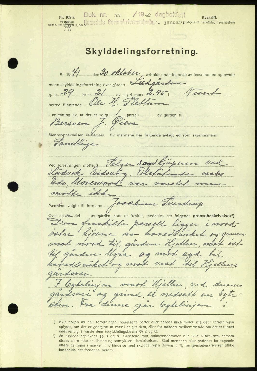 Romsdal sorenskriveri, AV/SAT-A-4149/1/2/2C: Mortgage book no. A11, 1941-1942, Diary no: : 33/1942