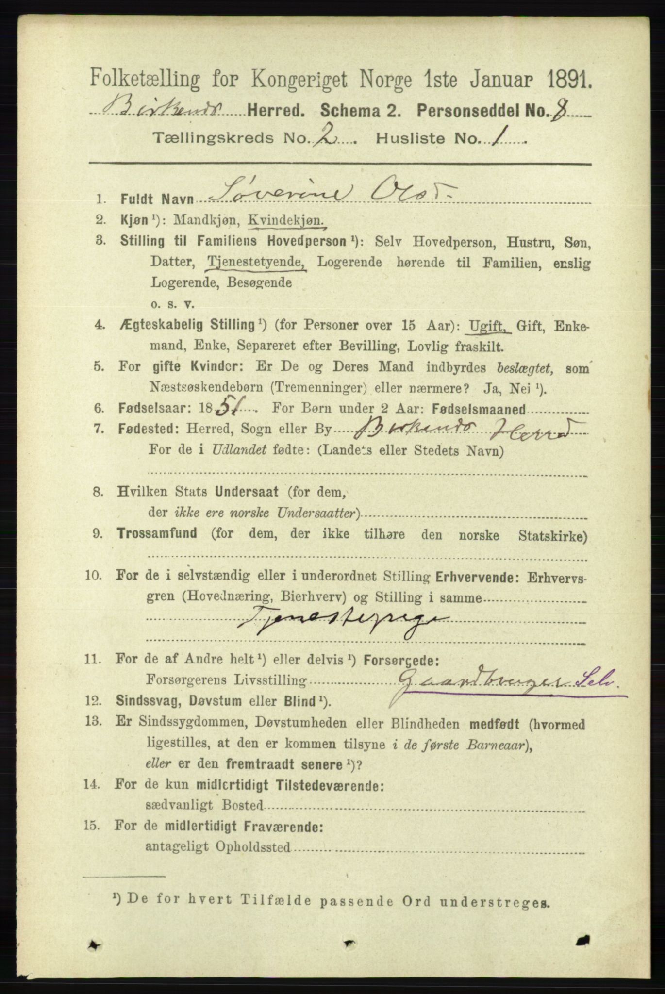 RA, 1891 Census for 0928 Birkenes, 1891, p. 507