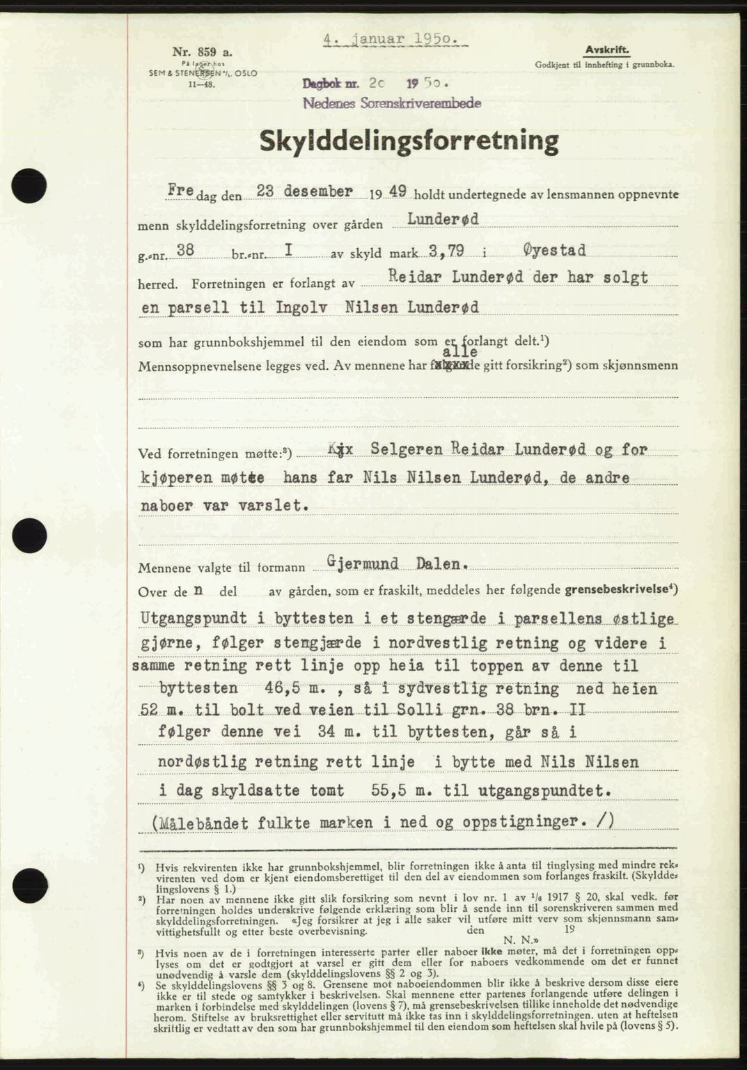 Nedenes sorenskriveri, AV/SAK-1221-0006/G/Gb/Gba/L0062: Mortgage book no. A14, 1949-1950, Diary no: : 20/1950