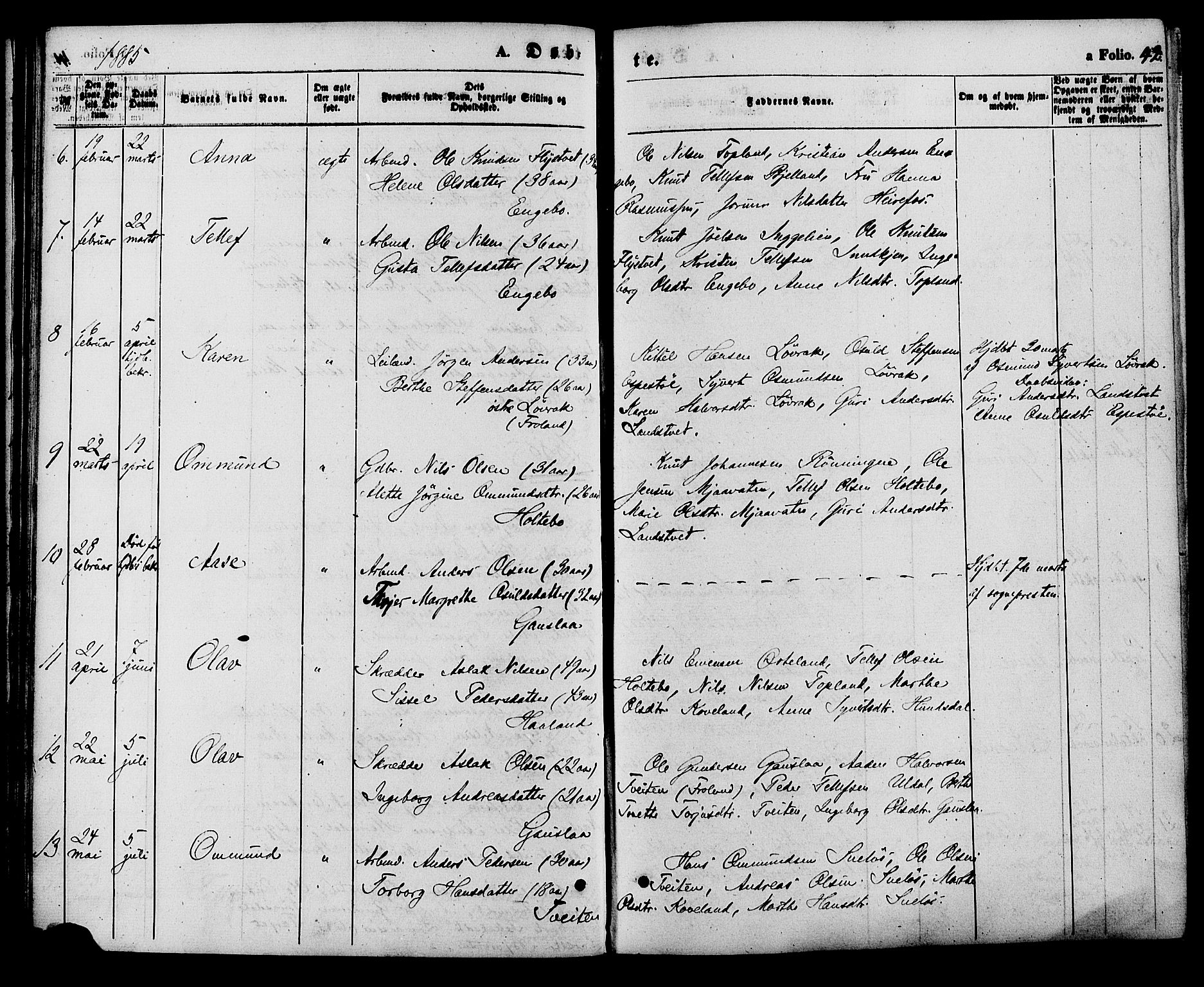 Herefoss sokneprestkontor, AV/SAK-1111-0019/F/Fa/Faa/L0002: Parish register (official) no. A 2, 1861-1886, p. 42