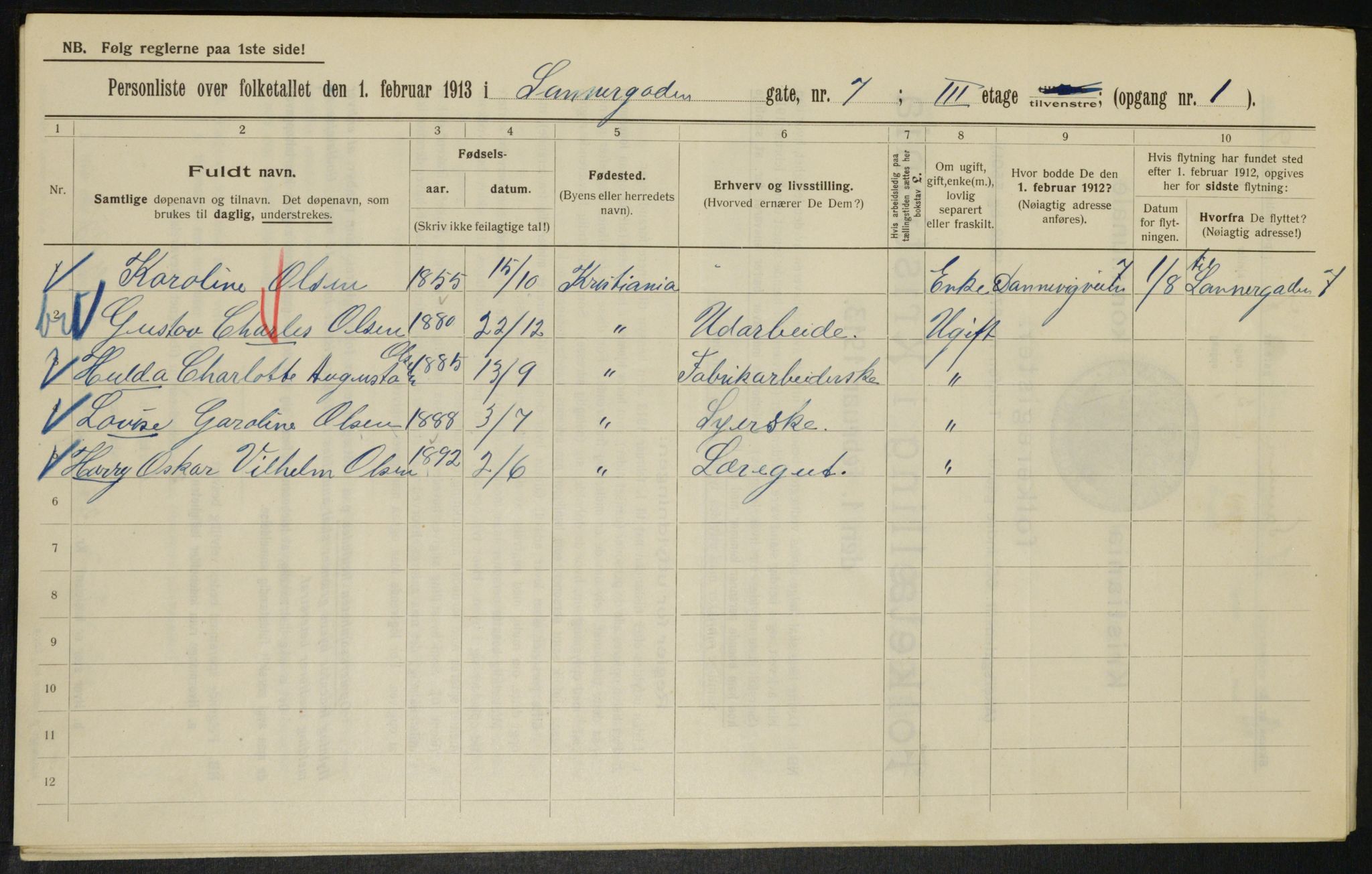 OBA, Municipal Census 1913 for Kristiania, 1913, p. 88498