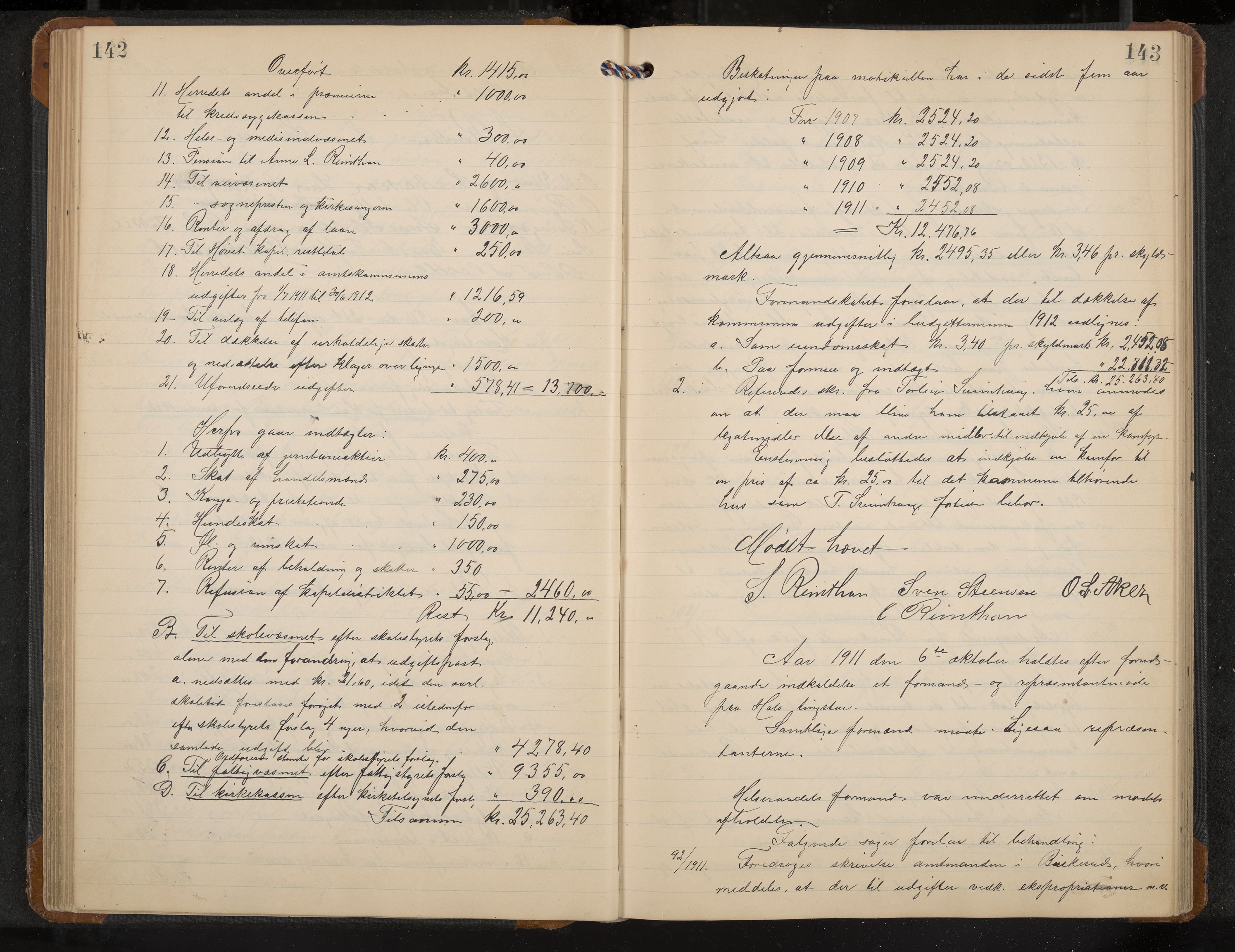 Hol formannskap og sentraladministrasjon, IKAK/0620021-1/A/L0005: Møtebok, 1909-1915, p. 142-143