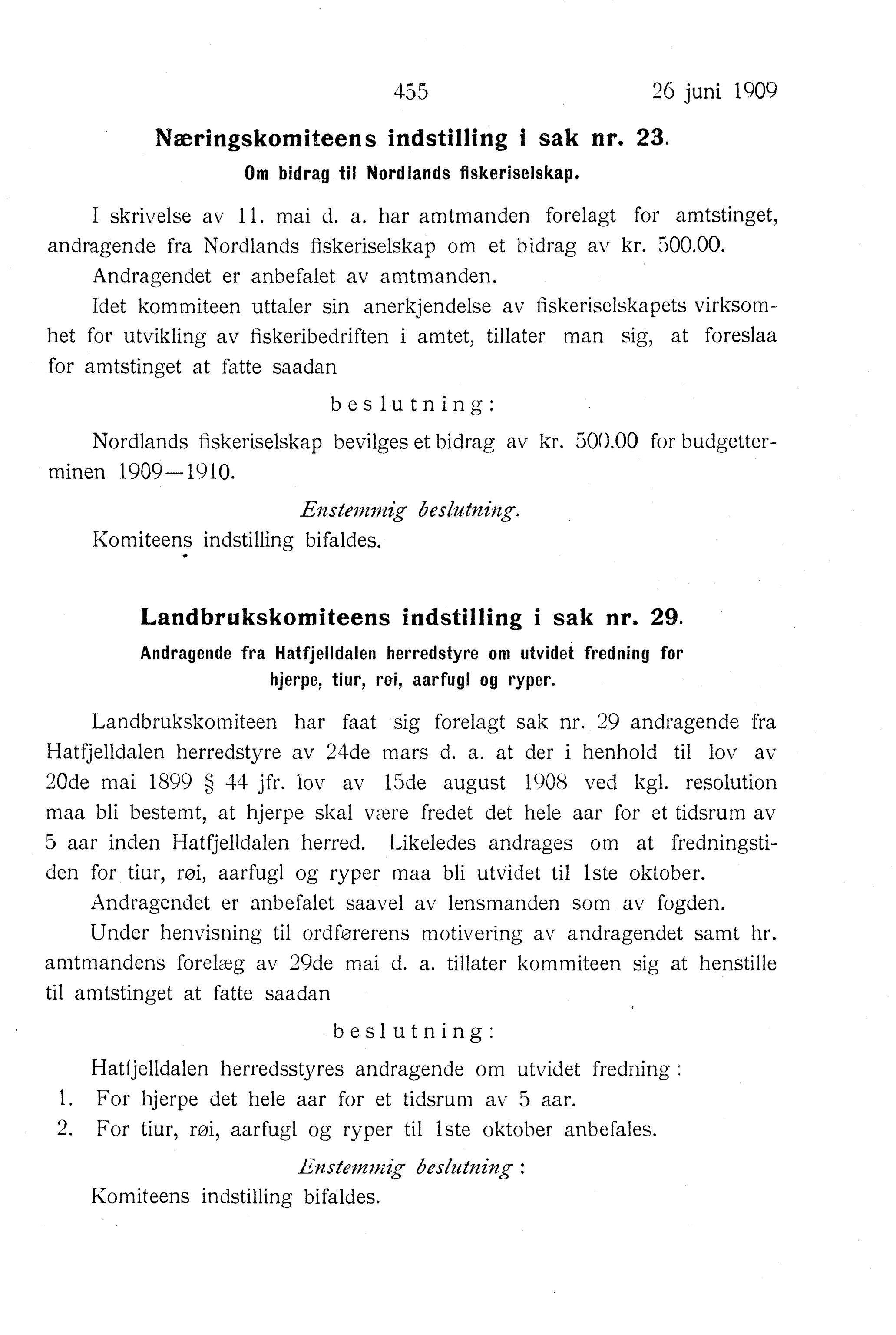 Nordland Fylkeskommune. Fylkestinget, AIN/NFK-17/176/A/Ac/L0032: Fylkestingsforhandlinger 1909, 1909