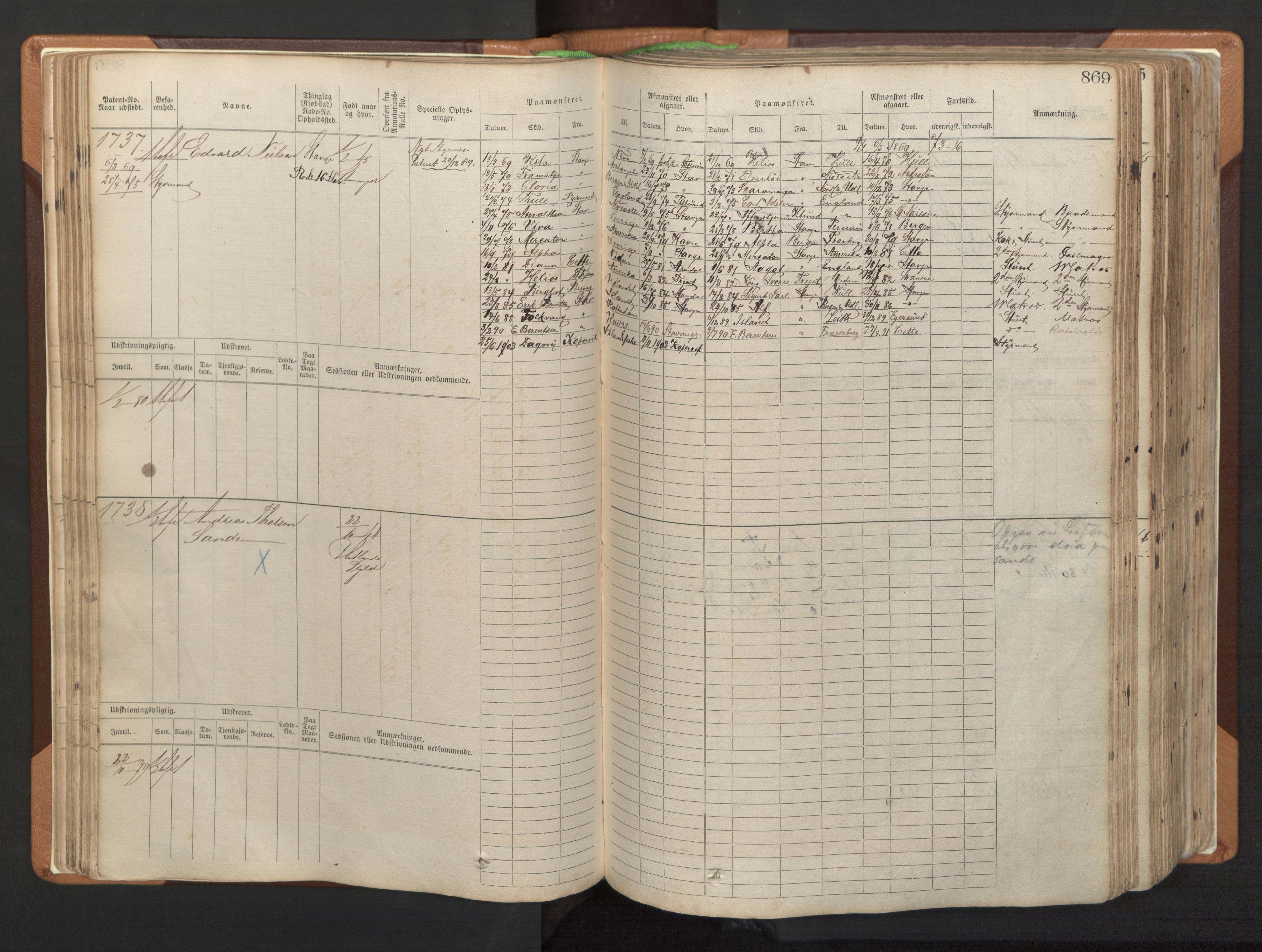 Stavanger sjømannskontor, AV/SAST-A-102006/F/Fb/Fbb/L0006: Sjøfartshovedrulle, patentnr. 1607-2402 (del 3), 1869-1880, p. 68