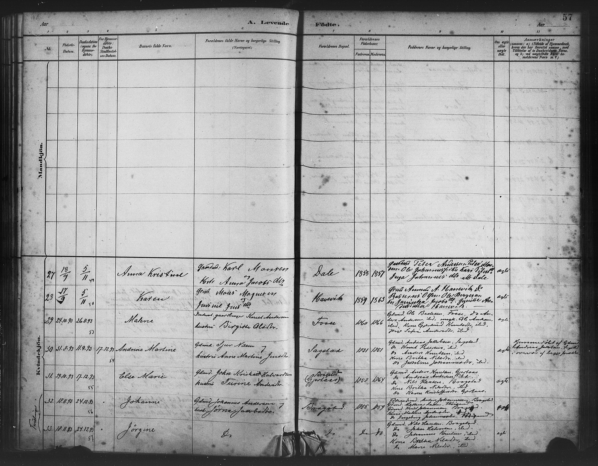 Alversund Sokneprestembete, AV/SAB-A-73901/H/Ha/Haa/Haac/L0001: Parish register (official) no. C 1, 1882-1900, p. 57