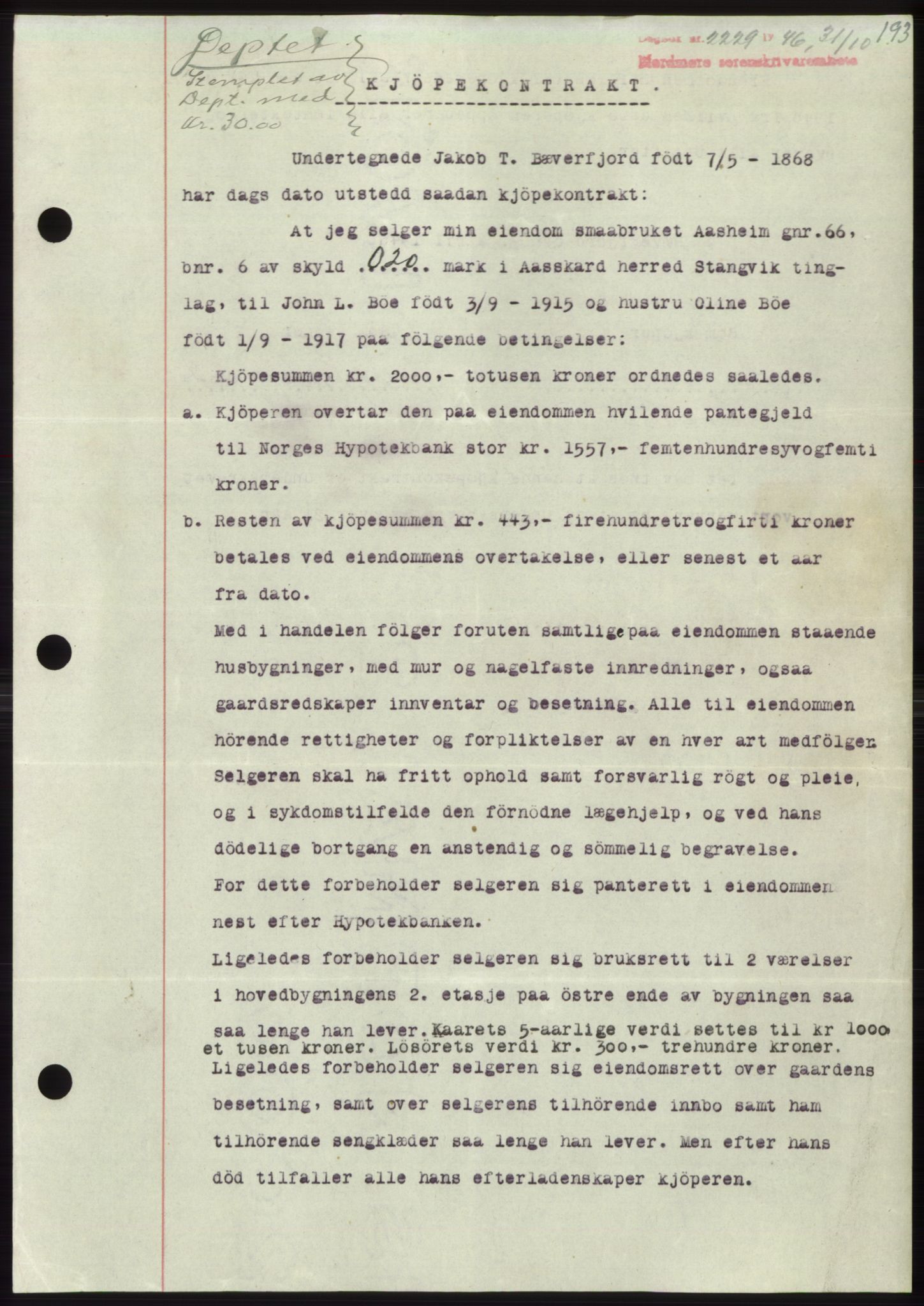 Nordmøre sorenskriveri, AV/SAT-A-4132/1/2/2Ca: Mortgage book no. B95, 1946-1947, Diary no: : 2229/1946