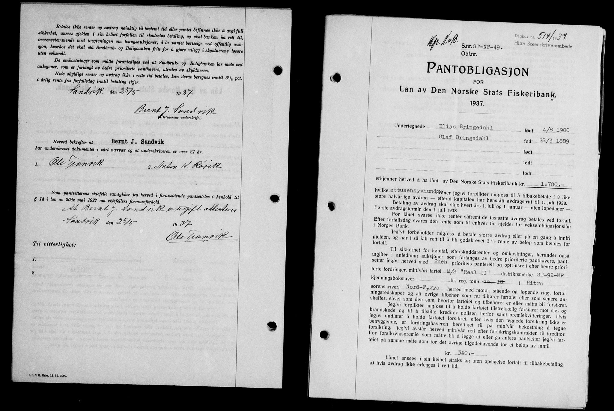 Hitra sorenskriveri, AV/SAT-A-0018/2/2C/2Ca/L0028: Mortgage book no. B-1, 1936-1939, Diary no: : 514/1937