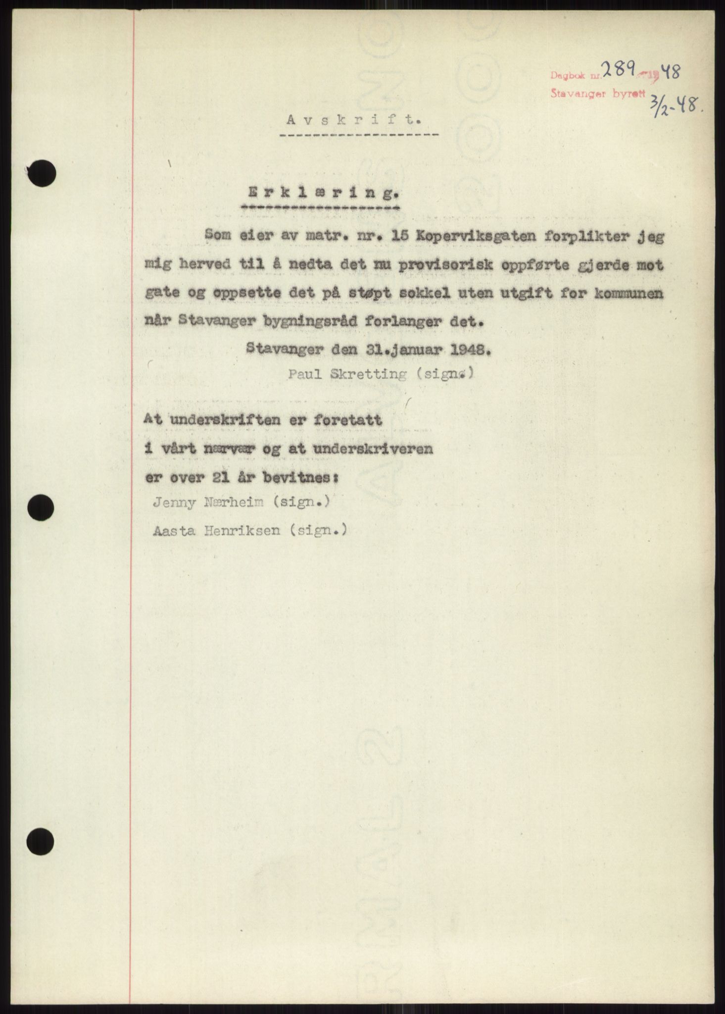 Stavanger byrett, SAST/A-100455/002/G/Gb/L0032: Mortgage book, 1947-1950, Diary no: : 289/1948
