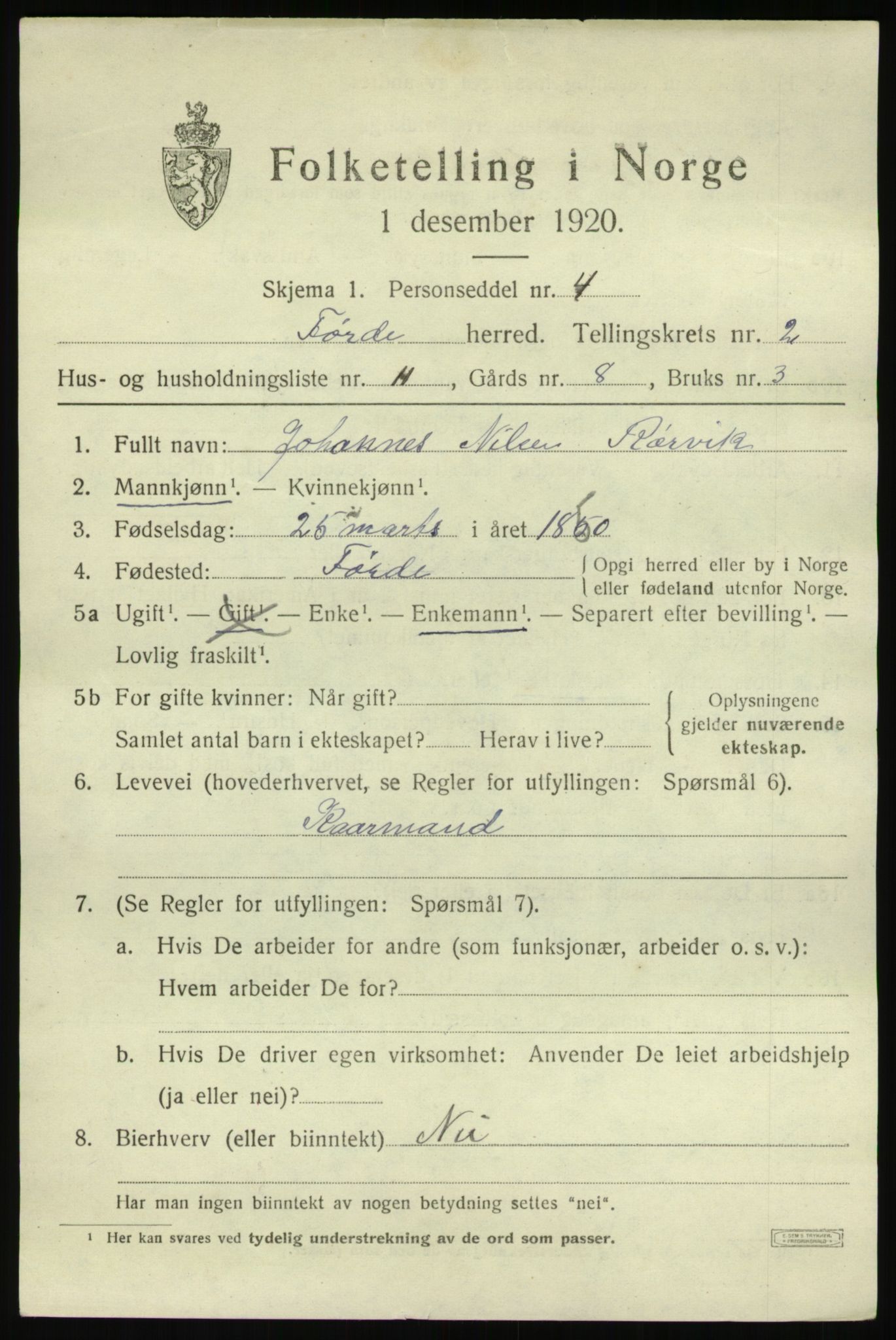 SAB, 1920 census for Førde, 1920, p. 1538