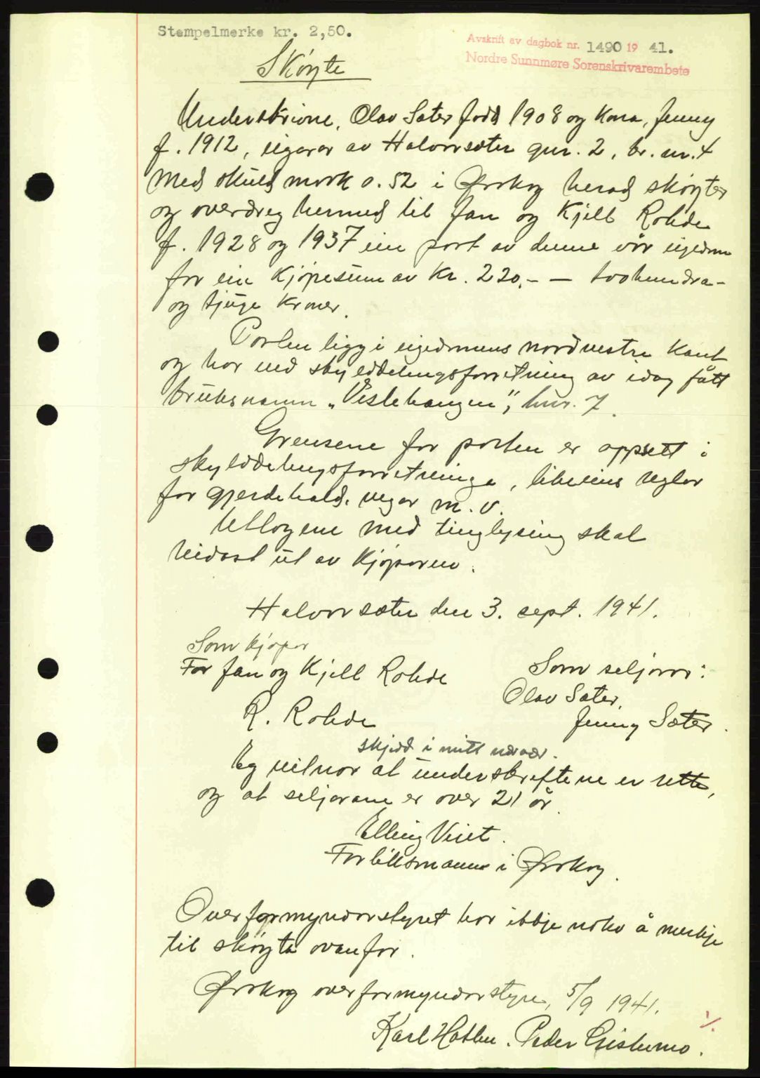 Nordre Sunnmøre sorenskriveri, AV/SAT-A-0006/1/2/2C/2Ca: Mortgage book no. A11, 1941-1941, Diary no: : 1490/1941