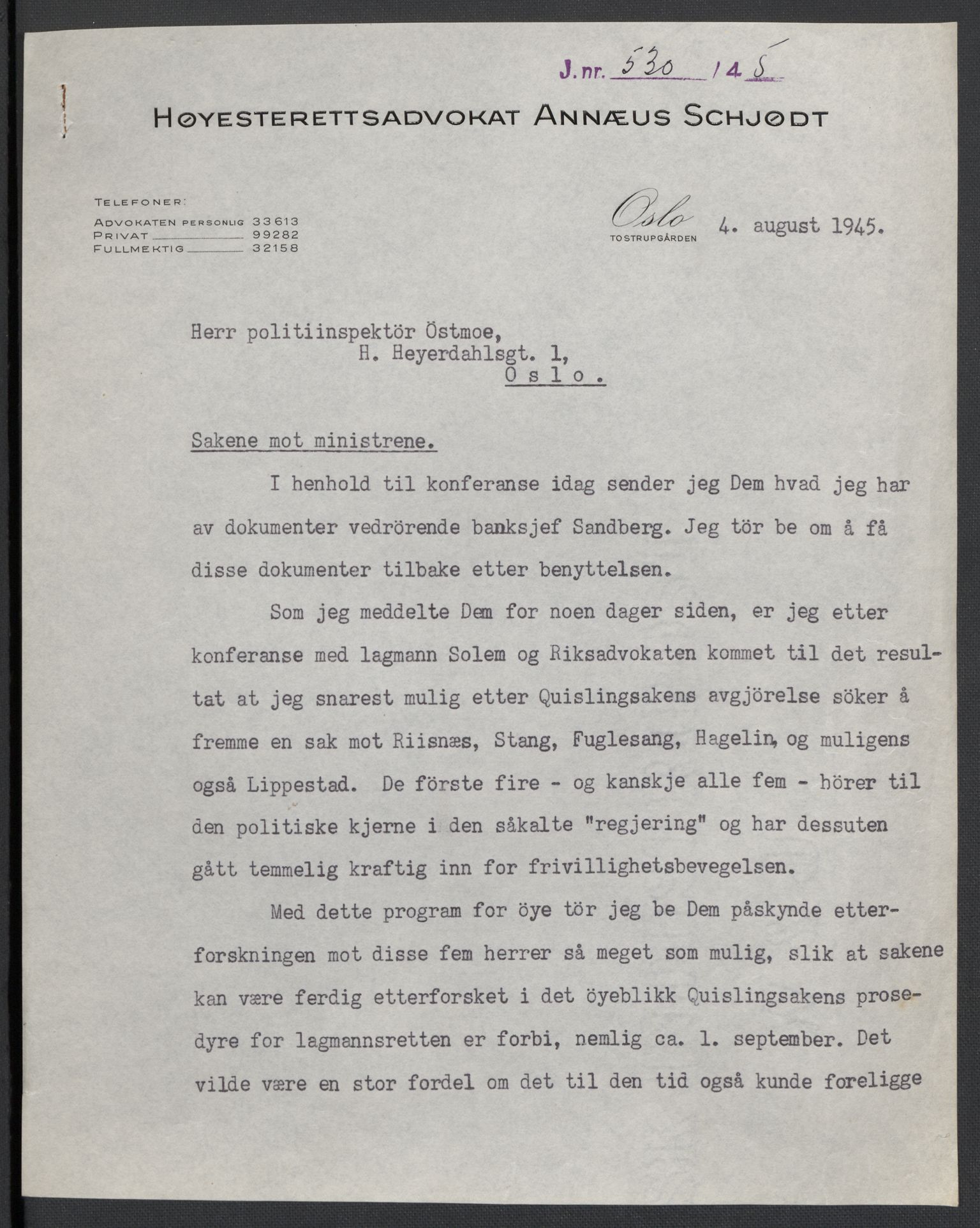 Landssvikarkivet, Oslo politikammer, AV/RA-S-3138-01/D/Da/L0003: Dnr. 29, 1945, p. 3582