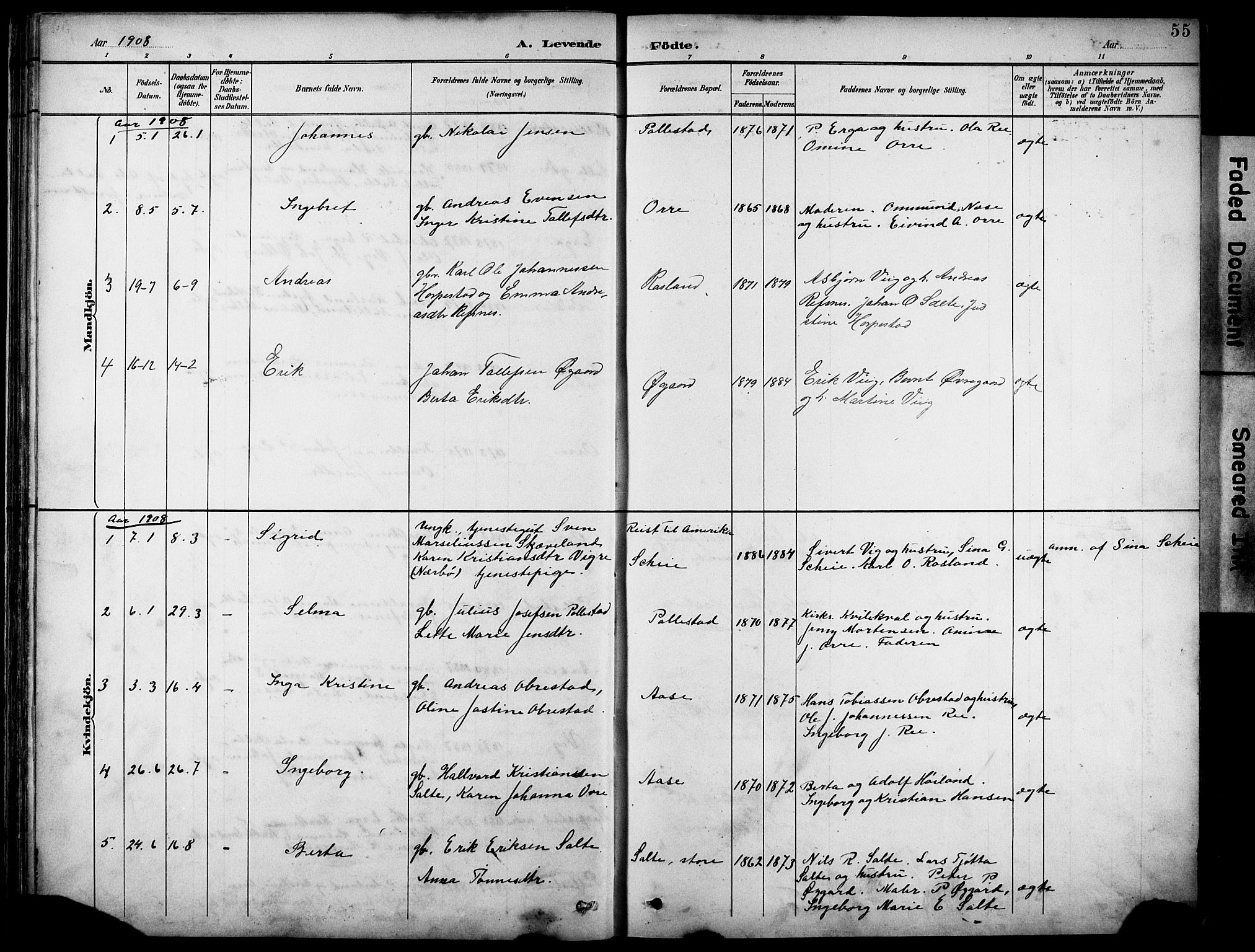 Klepp sokneprestkontor, AV/SAST-A-101803/001/3/30BB/L0005: Parish register (copy) no. B 5, 1889-1918, p. 55