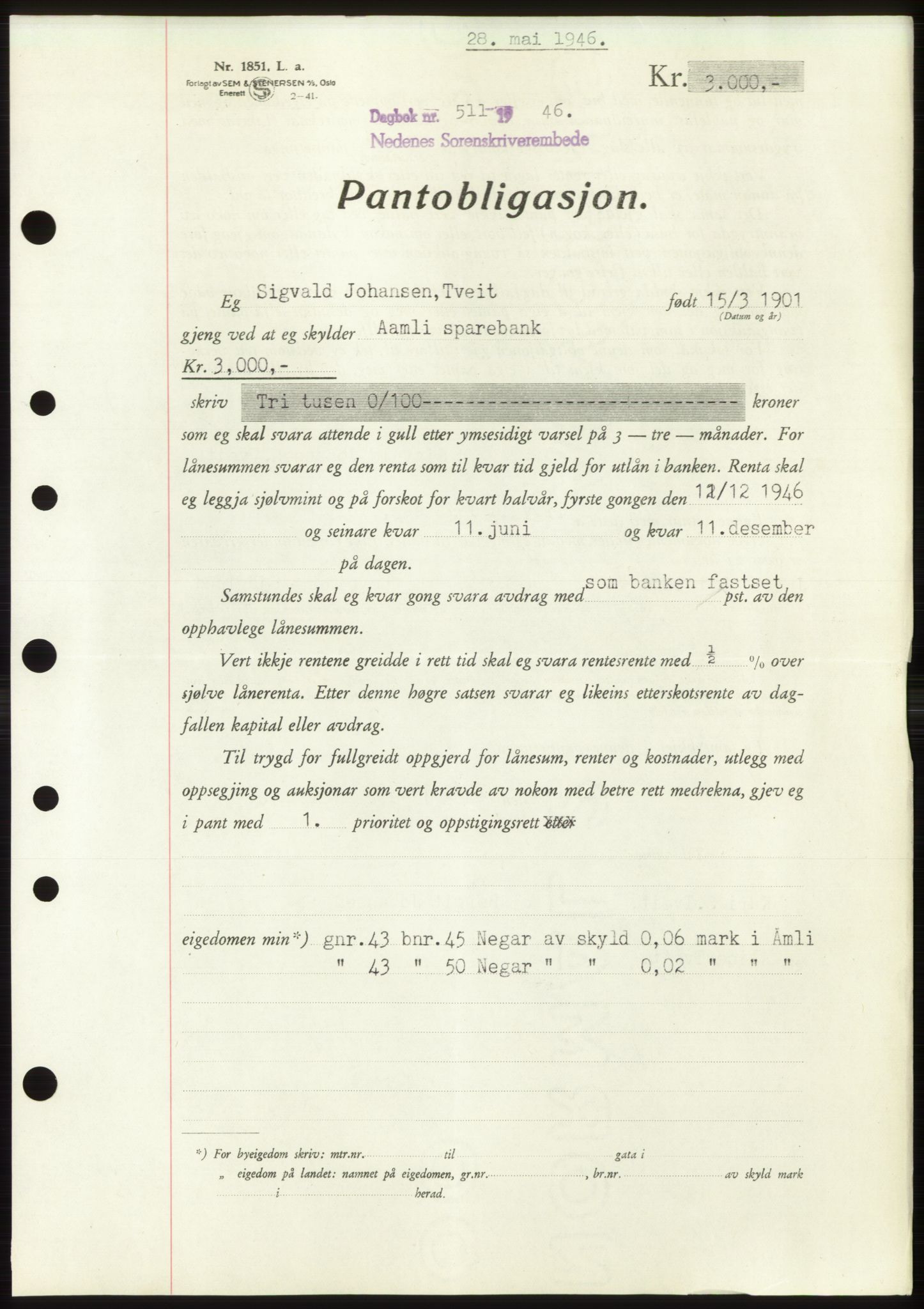 Nedenes sorenskriveri, SAK/1221-0006/G/Gb/Gbb/L0003: Mortgage book no. B3b, 1946-1946, Diary no: : 511/1946
