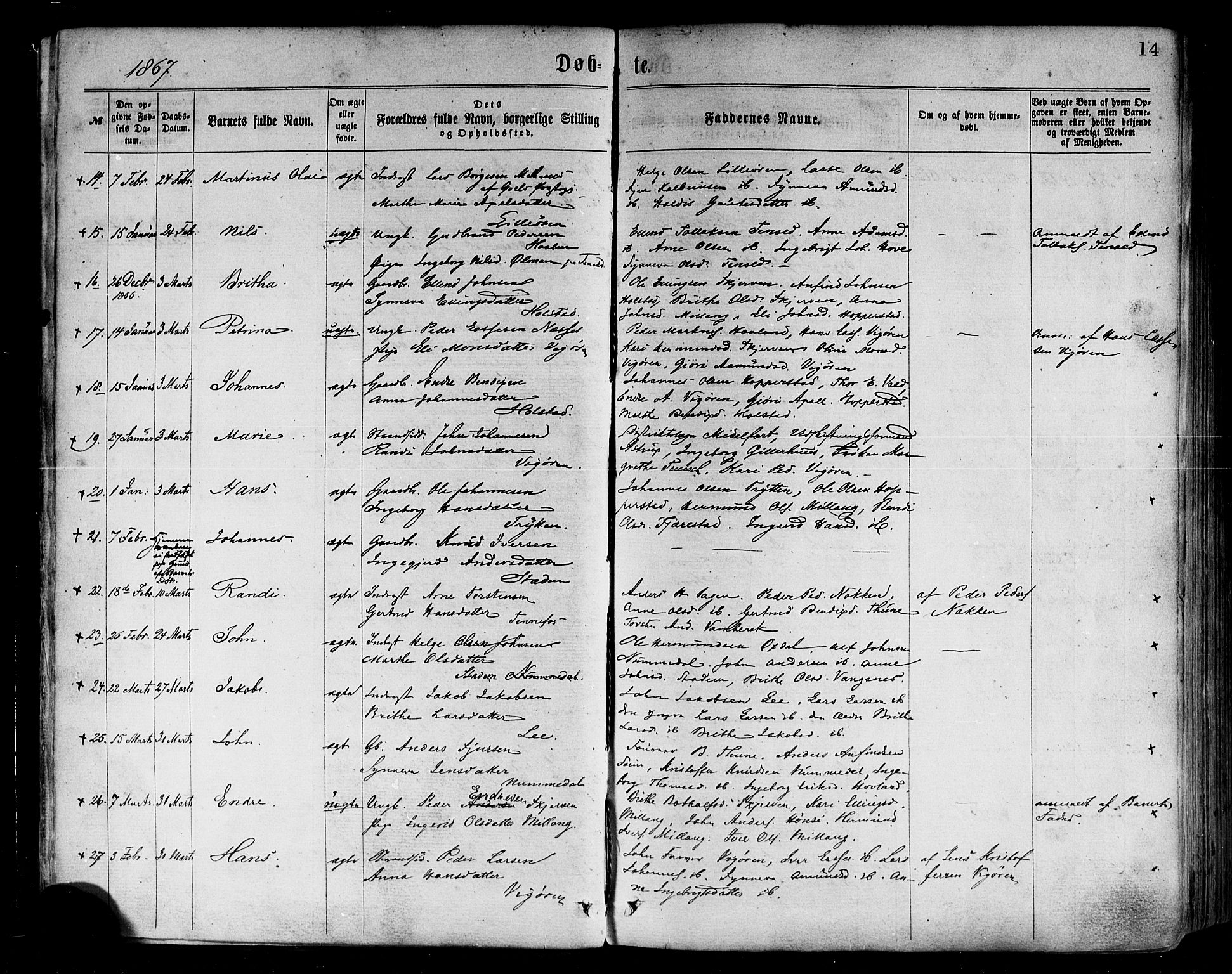 Vik sokneprestembete, SAB/A-81501: Parish register (official) no. A 9, 1866-1877, p. 14