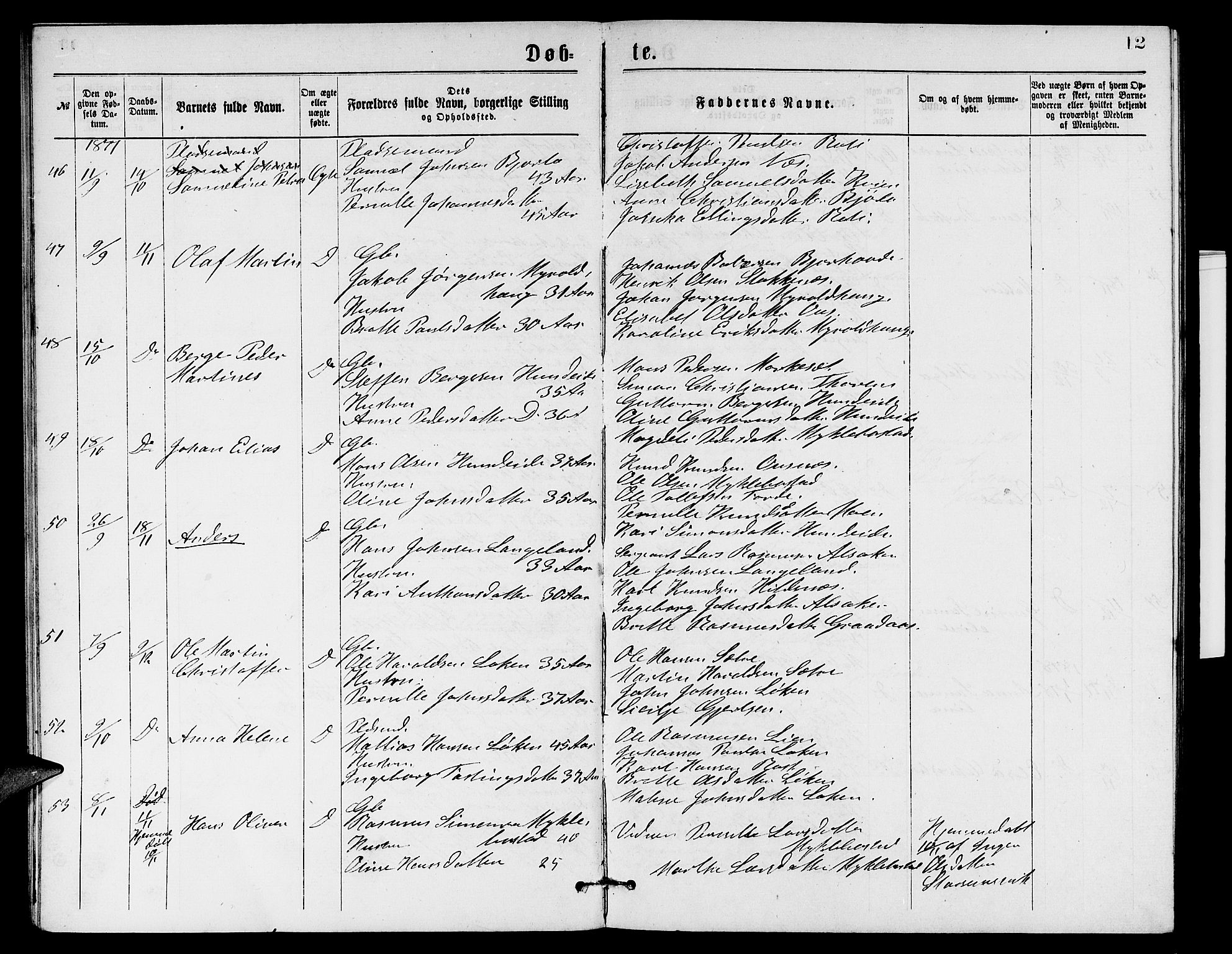 Eid sokneprestembete, AV/SAB-A-82301/H/Hab/Habb/L0001: Parish register (copy) no. B 1, 1877-1882, p. 12