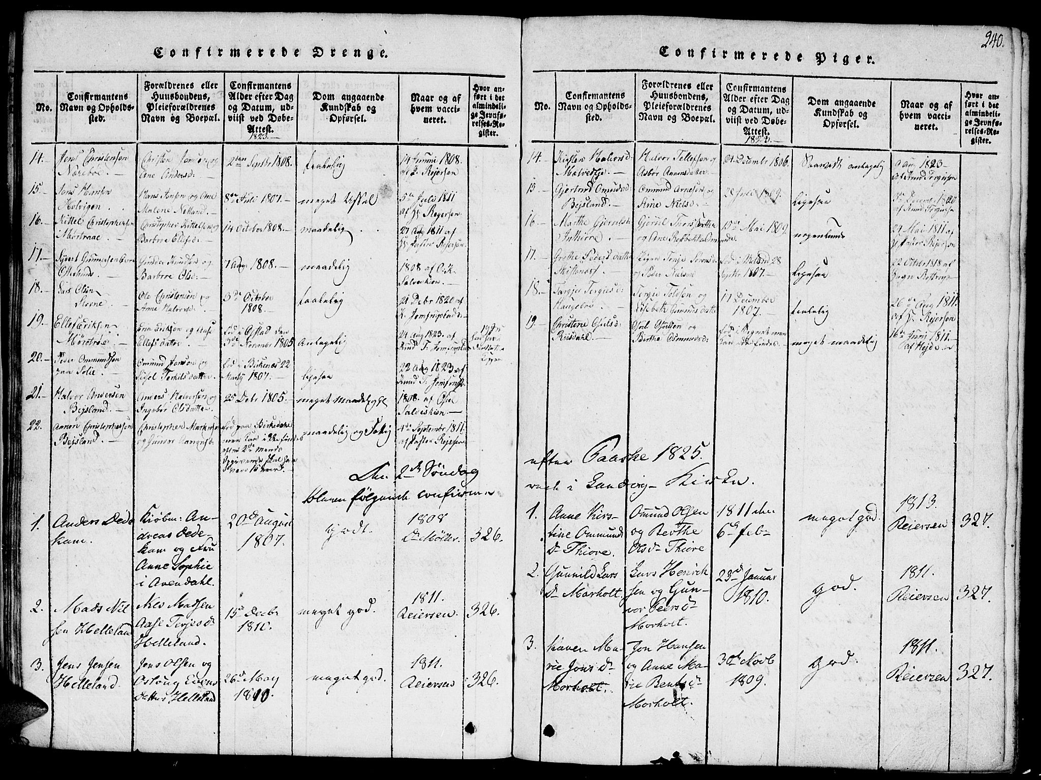 Hommedal sokneprestkontor, SAK/1111-0023/F/Fa/Fab/L0003: Parish register (official) no. A 3, 1815-1848, p. 240