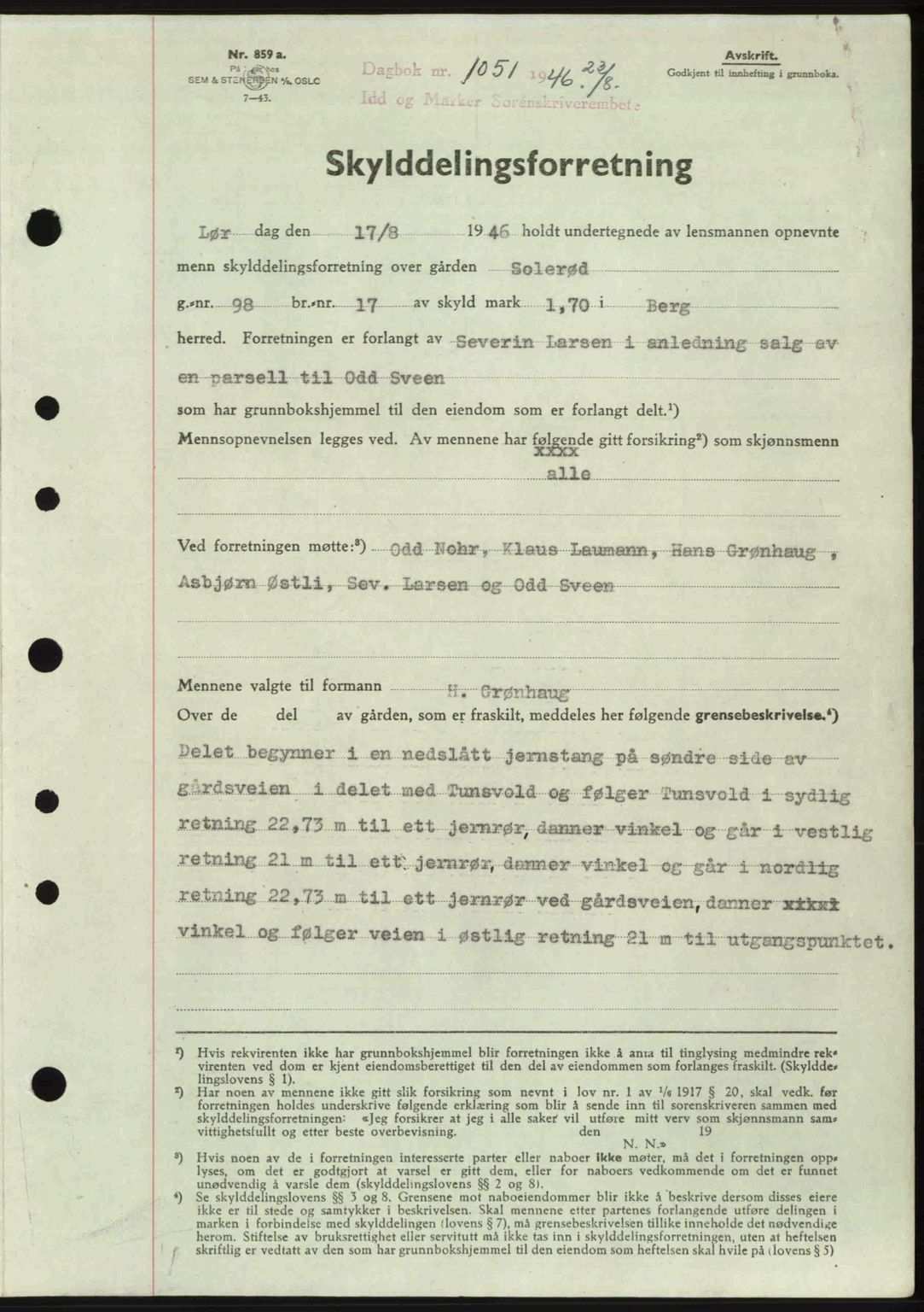 Idd og Marker sorenskriveri, AV/SAO-A-10283/G/Gb/Gbb/L0008: Mortgage book no. A8, 1946-1946, Diary no: : 1051/1946