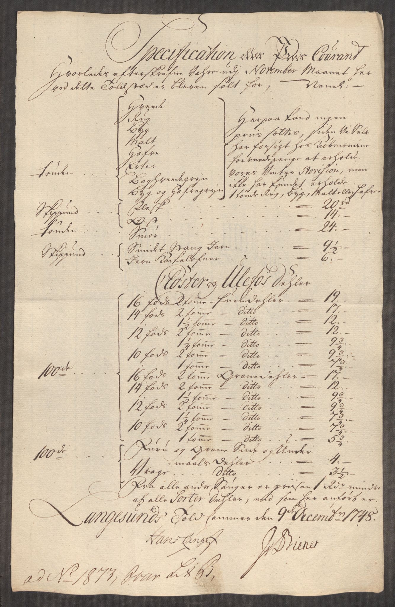 Rentekammeret inntil 1814, Realistisk ordnet avdeling, AV/RA-EA-4070/Oe/L0003: [Ø1]: Priskuranter, 1745-1748, p. 798