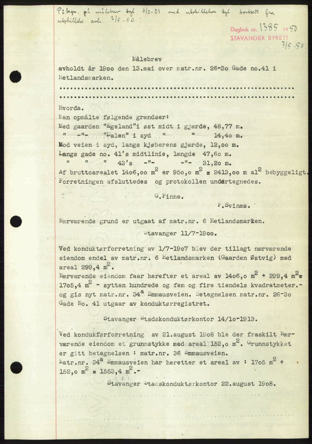 Stavanger byrett, SAST/A-100455/002/G/Gb/L0024: Mortgage book no. A13, 1949-1950, Diary no: : 1385/1950