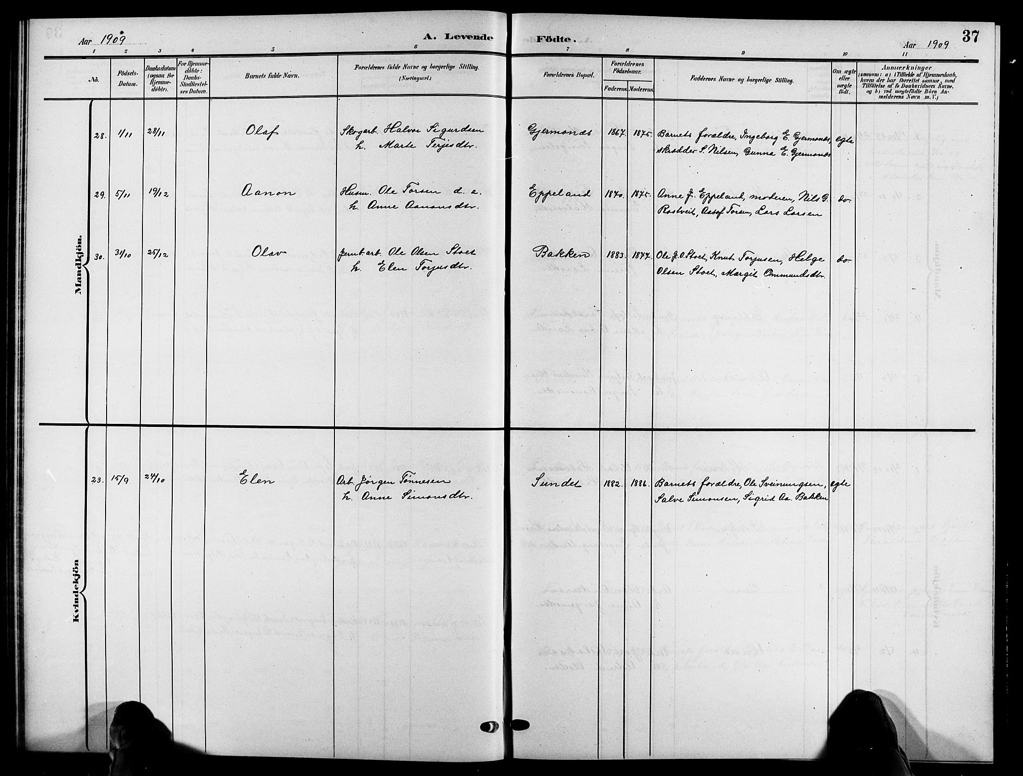 Åmli sokneprestkontor, SAK/1111-0050/F/Fb/Fbc/L0005: Parish register (copy) no. B 5, 1903-1916, p. 37