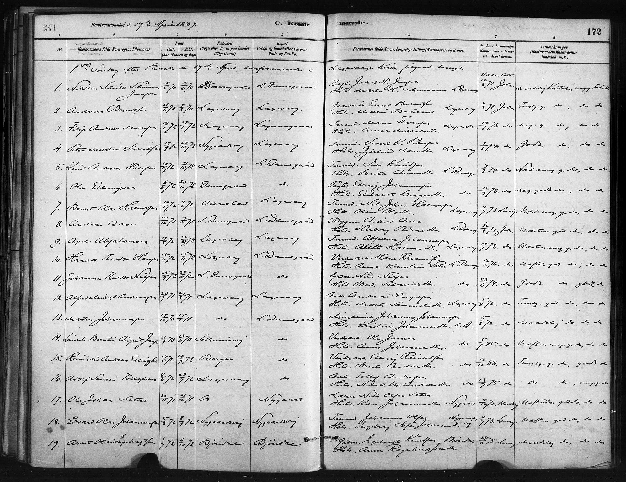 Askøy Sokneprestembete, SAB/A-74101/H/Ha/Haa/Haae/L0002: Parish register (official) no. E 2, 1878-1891, p. 172