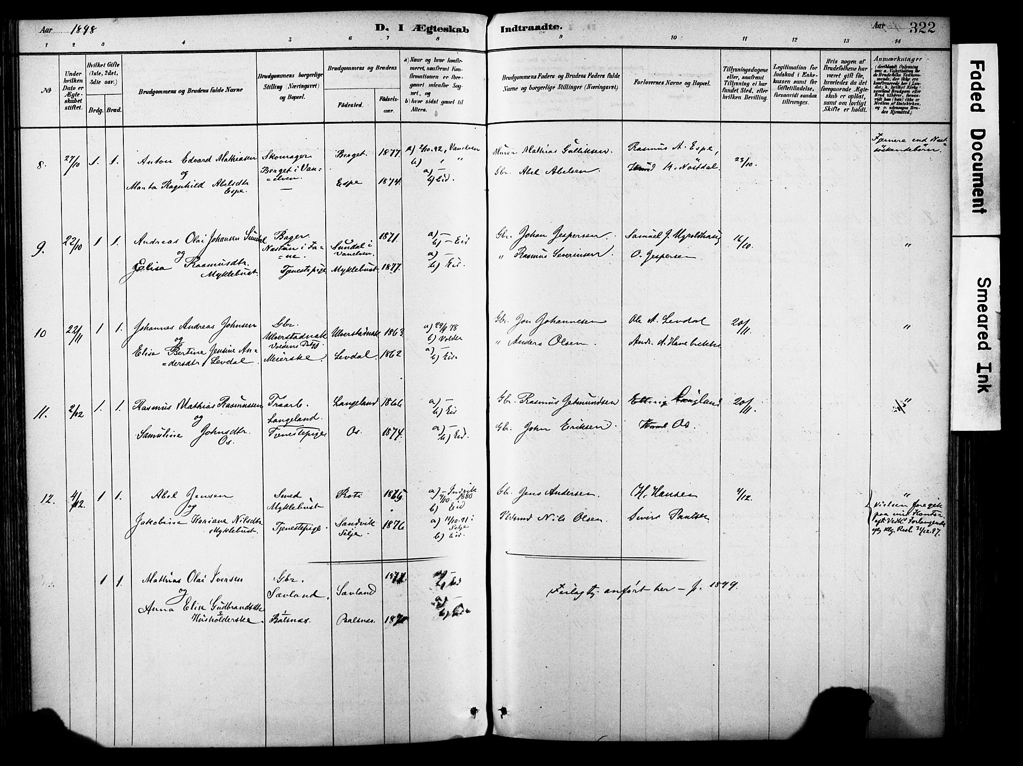 Eid sokneprestembete, AV/SAB-A-82301/H/Haa/Haab/L0001: Parish register (official) no. B 1, 1879-1906, p. 322