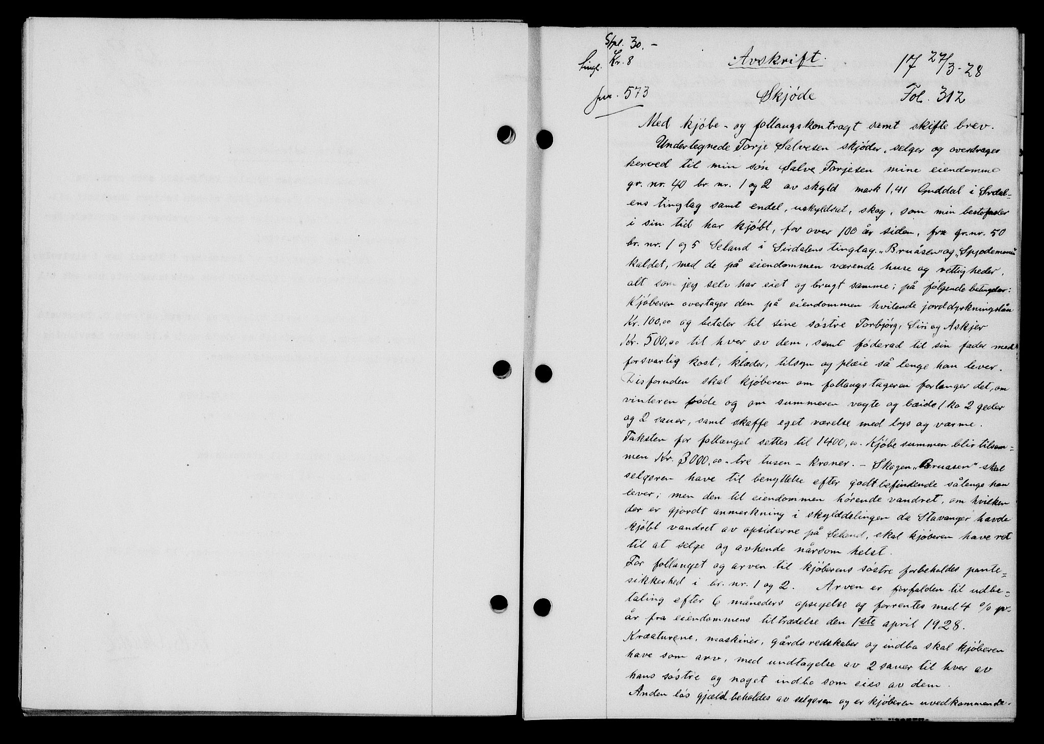 Flekkefjord sorenskriveri, AV/SAK-1221-0001/G/Gb/Gba/L0044: Mortgage book no. 42, 1928-1929, Deed date: 27.03.1928