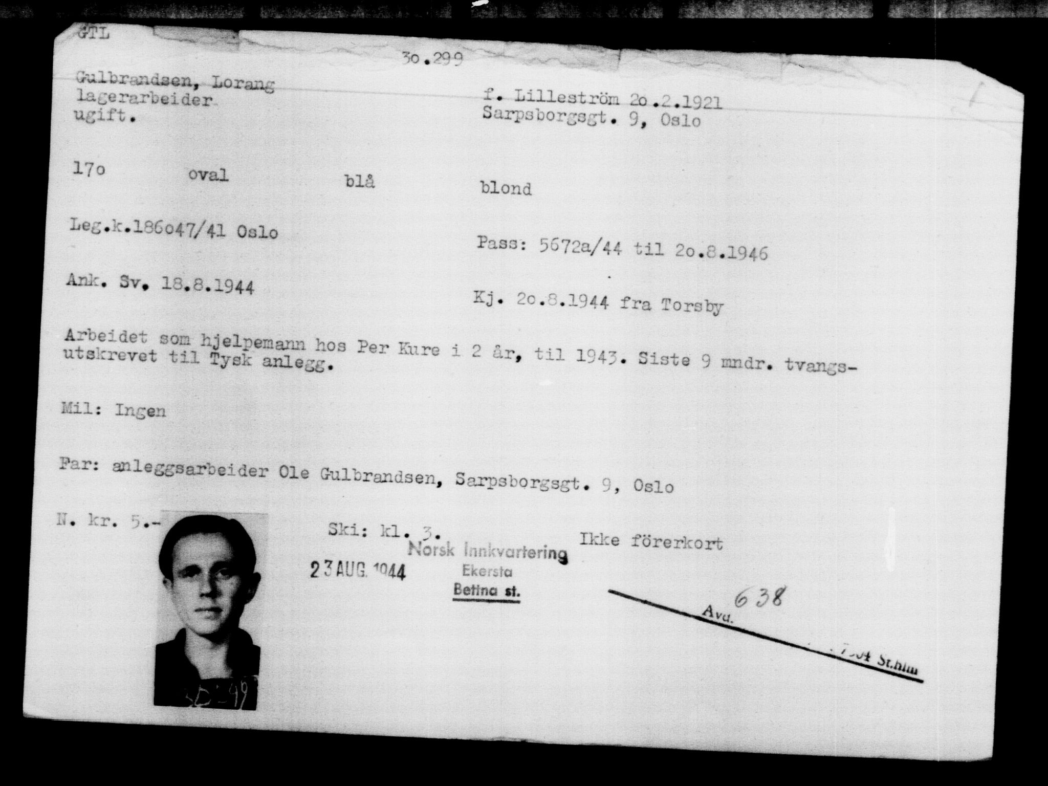 Utenriksstasjonene, Legasjonen i Stockholm, Flyktningkontoret, AV/RA-S-6753/V/Va/L0012: Kjesäterkartoteket, flyktninger med registreringsnr. 28300-31566, 1940-1945, p. 2195