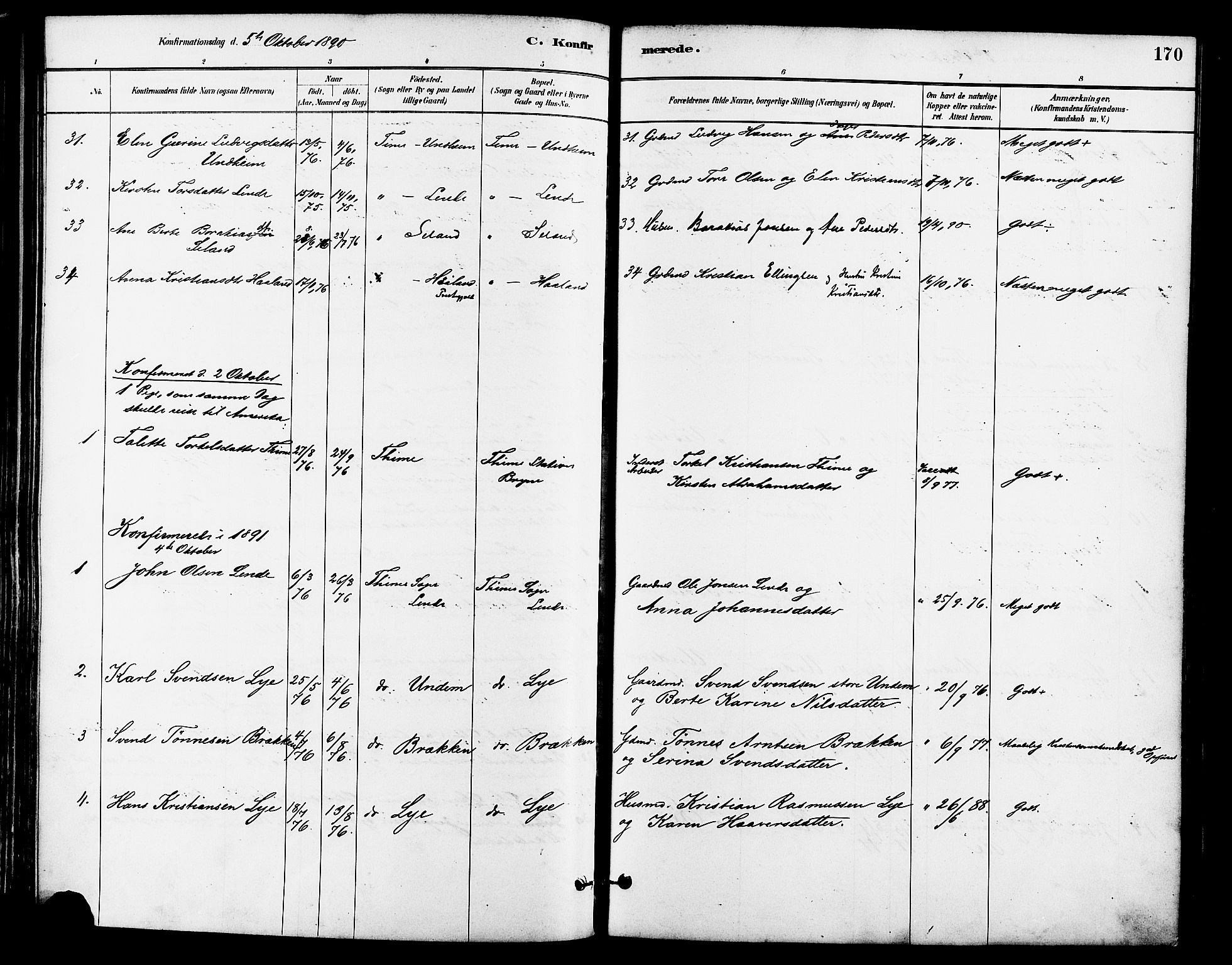 Lye sokneprestkontor, SAST/A-101794/001/30BA/L0009: Parish register (official) no. A 8, 1881-1892, p. 170