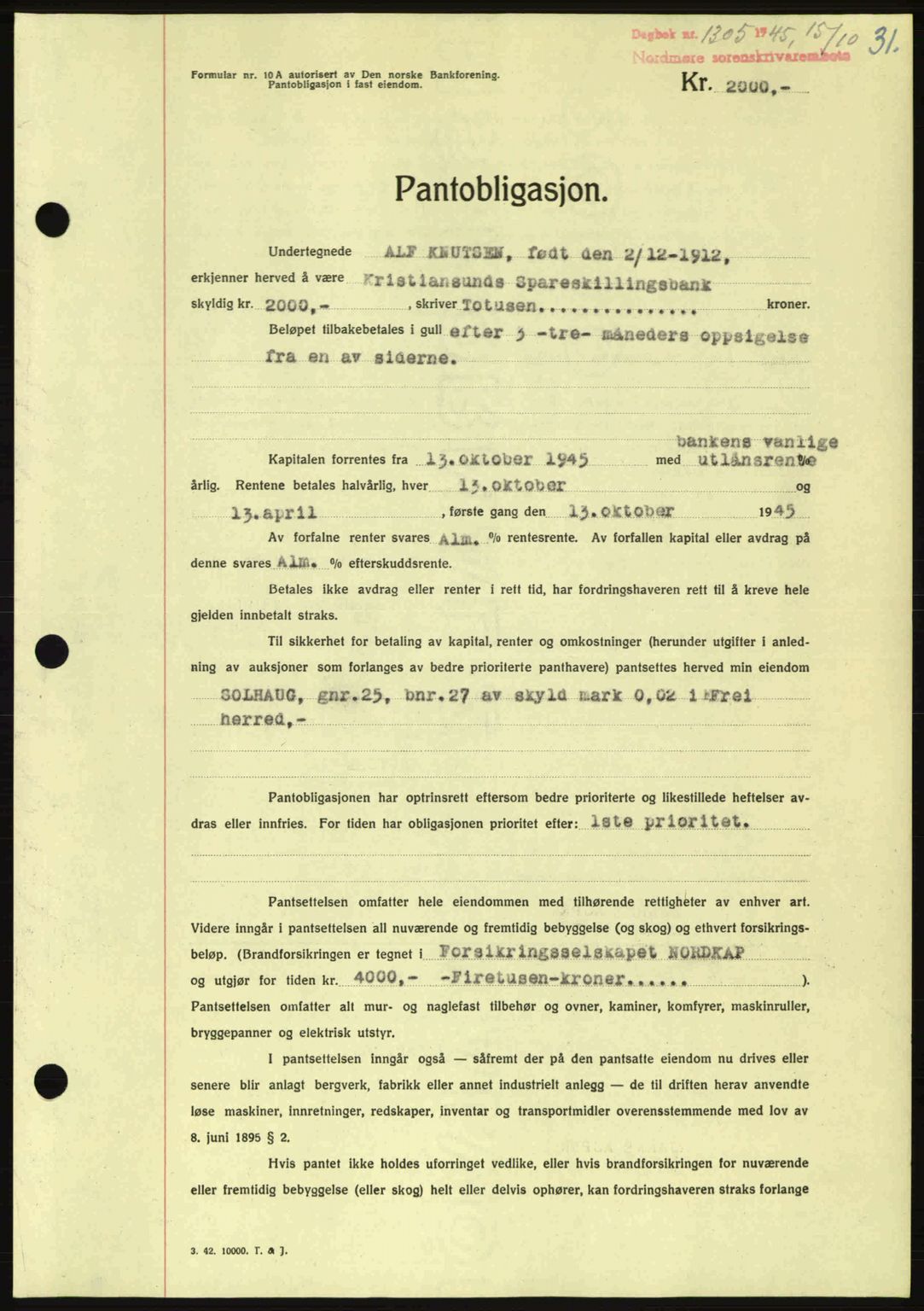 Nordmøre sorenskriveri, AV/SAT-A-4132/1/2/2Ca: Mortgage book no. B93a, 1945-1945, Diary no: : 1305/1945