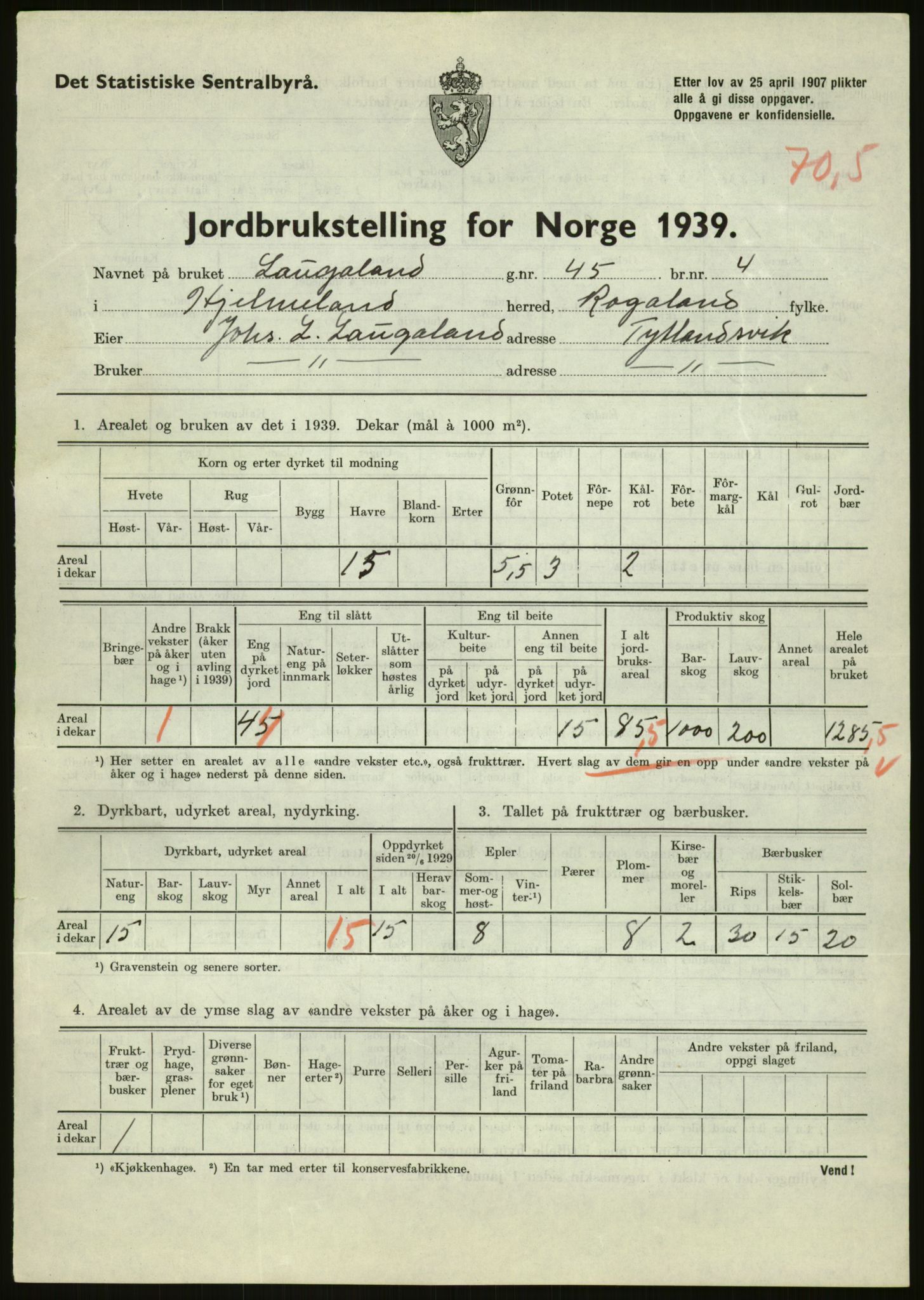 Statistisk sentralbyrå, Næringsøkonomiske emner, Jordbruk, skogbruk, jakt, fiske og fangst, AV/RA-S-2234/G/Gb/L0184: Rogaland: Årdal, Fister og Hjelmeland, 1939, p. 1589