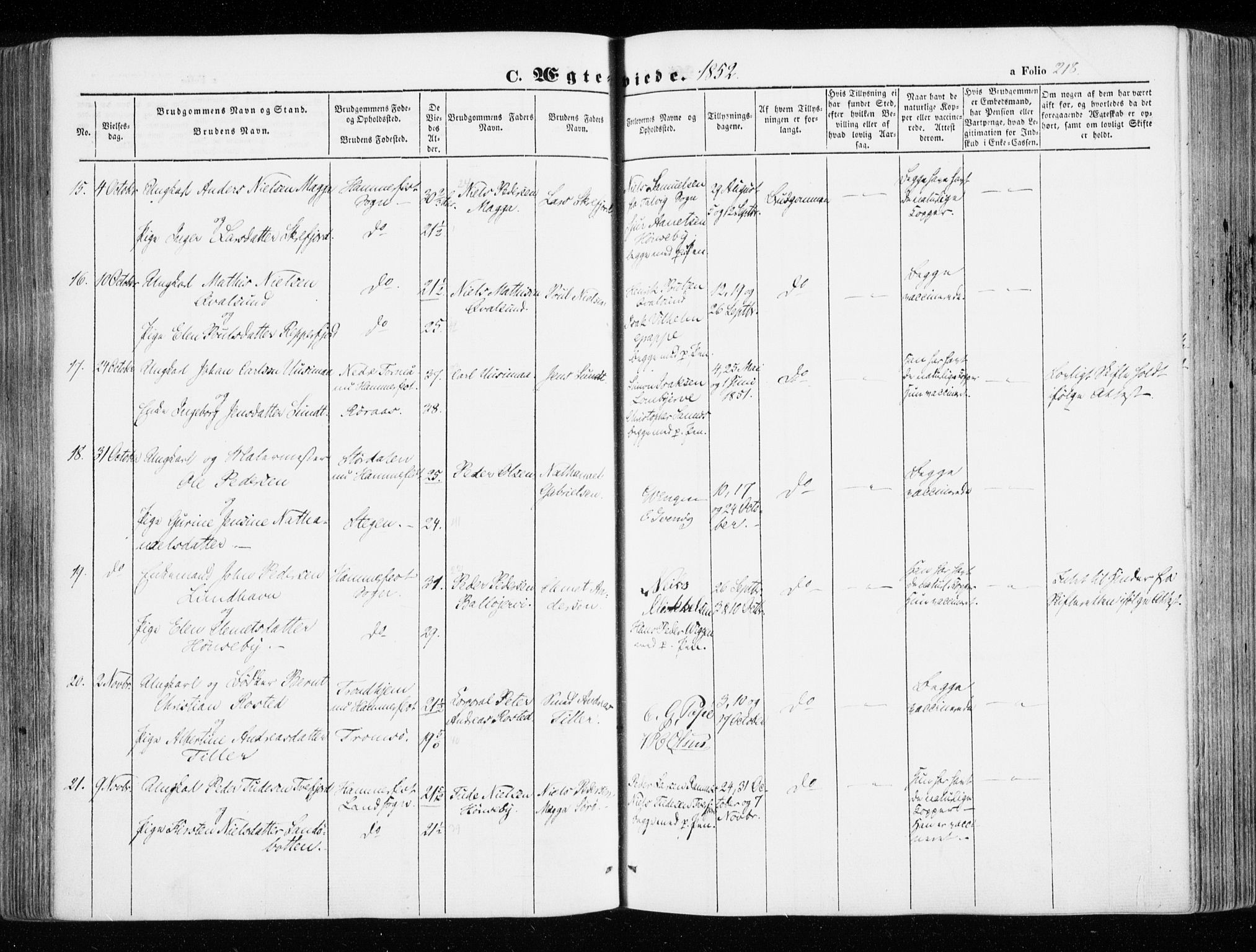 Hammerfest sokneprestkontor, AV/SATØ-S-1347/H/Ha/L0004.kirke: Parish register (official) no. 4, 1843-1856, p. 218