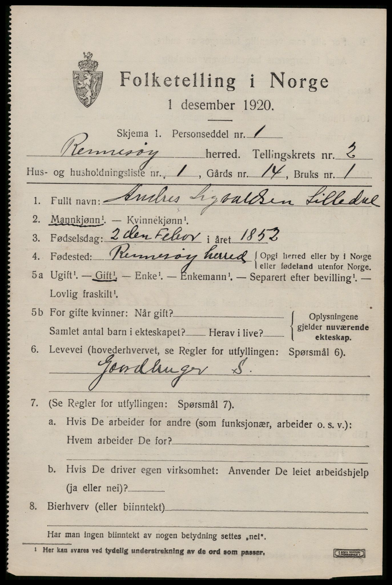 SAST, 1920 census for Rennesøy, 1920, p. 1018