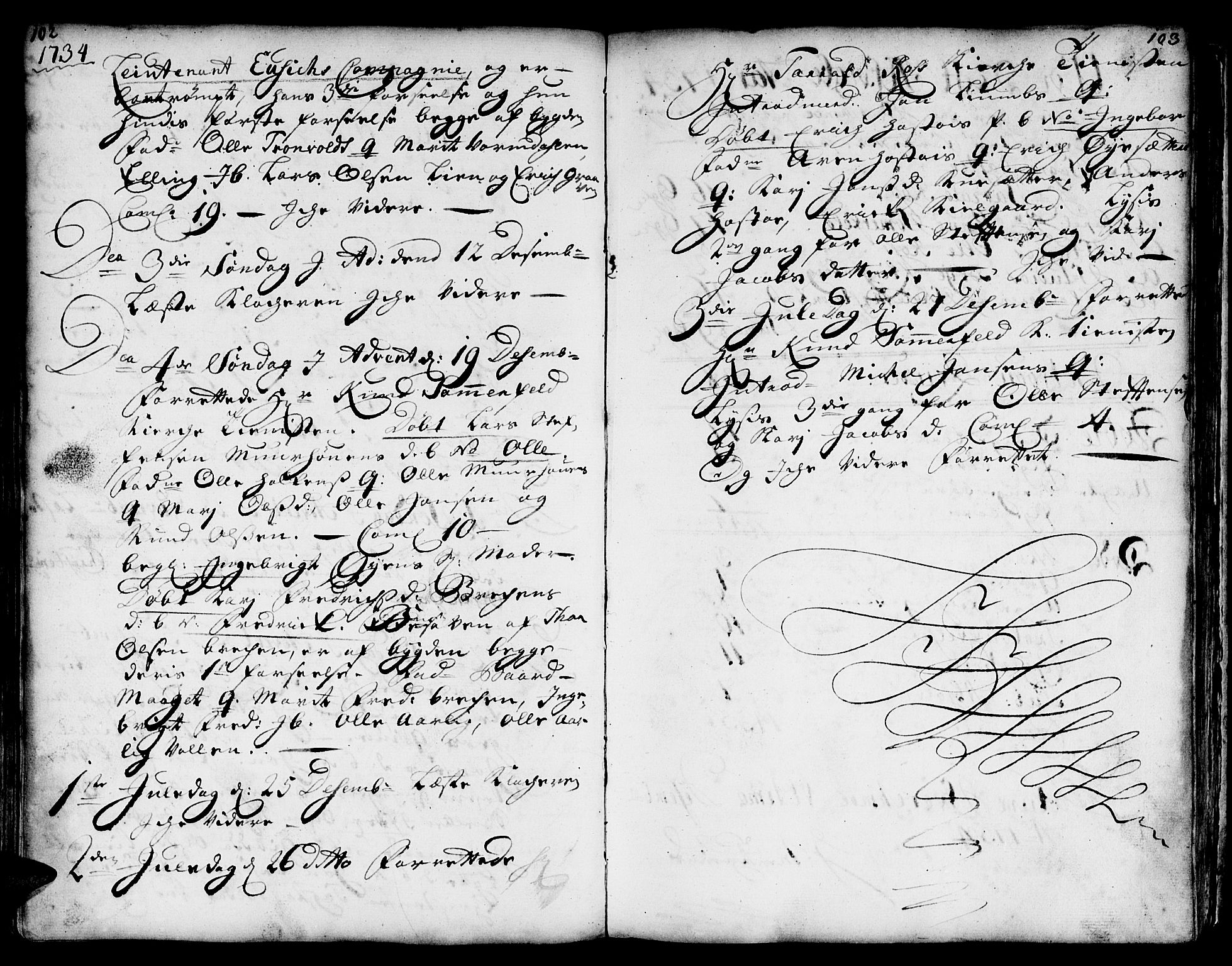 Ministerialprotokoller, klokkerbøker og fødselsregistre - Sør-Trøndelag, SAT/A-1456/671/L0839: Parish register (official) no. 671A01, 1730-1755, p. 102-103